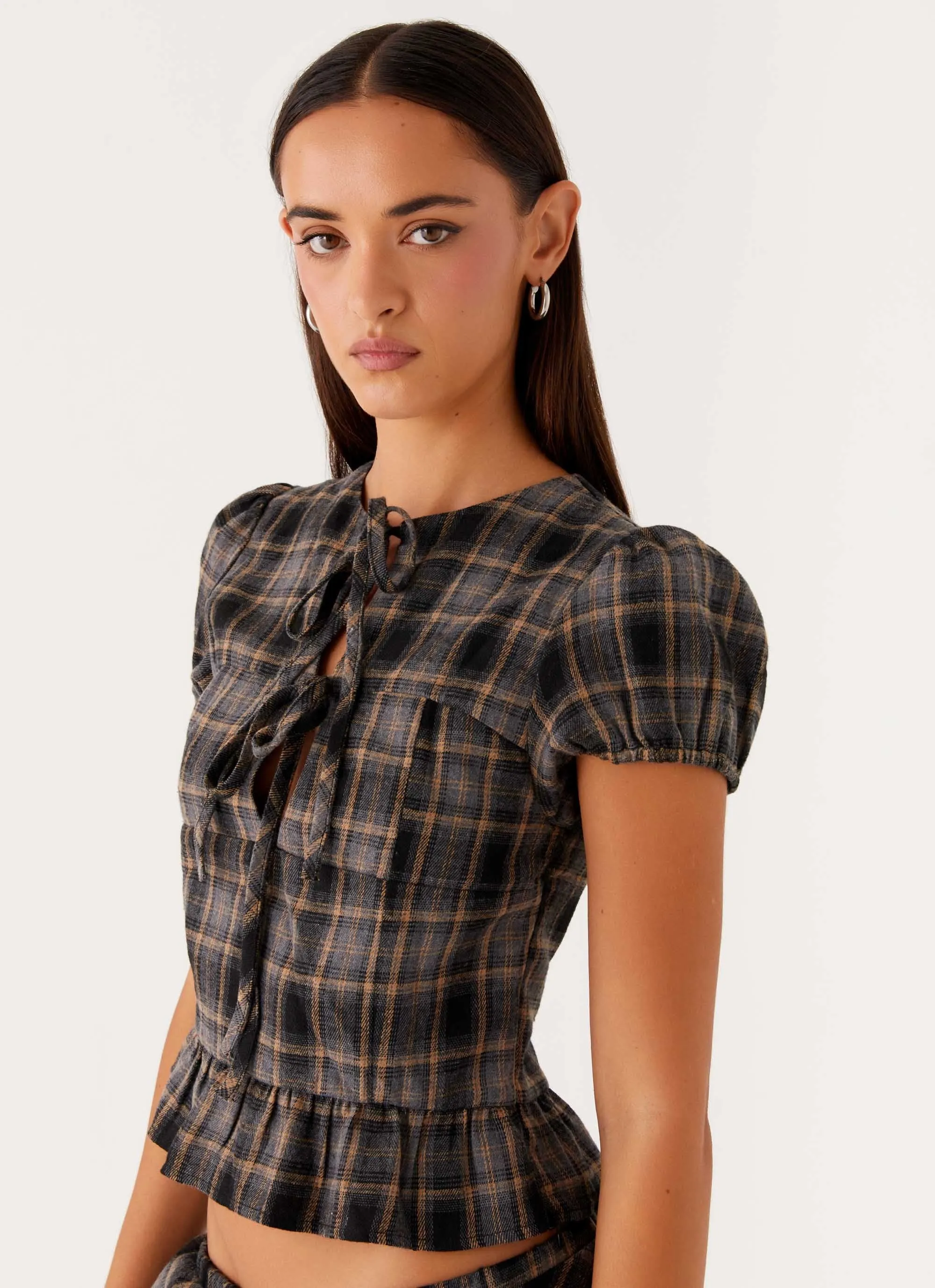 Lucia Puff Sleeve Top - Brown Check BoxyCrop No Iron Fabric