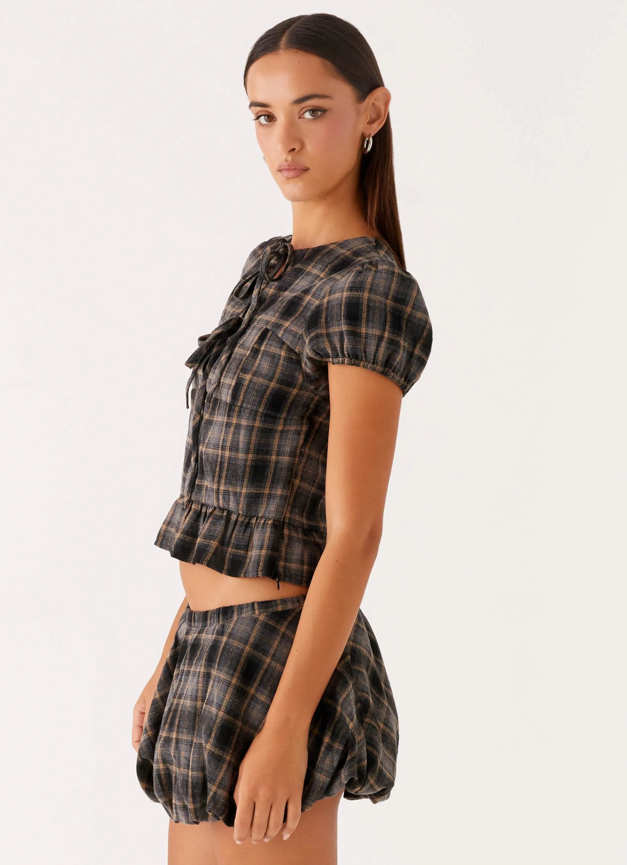 Lucia Puff Sleeve Top - Brown Check HiddenZipper
