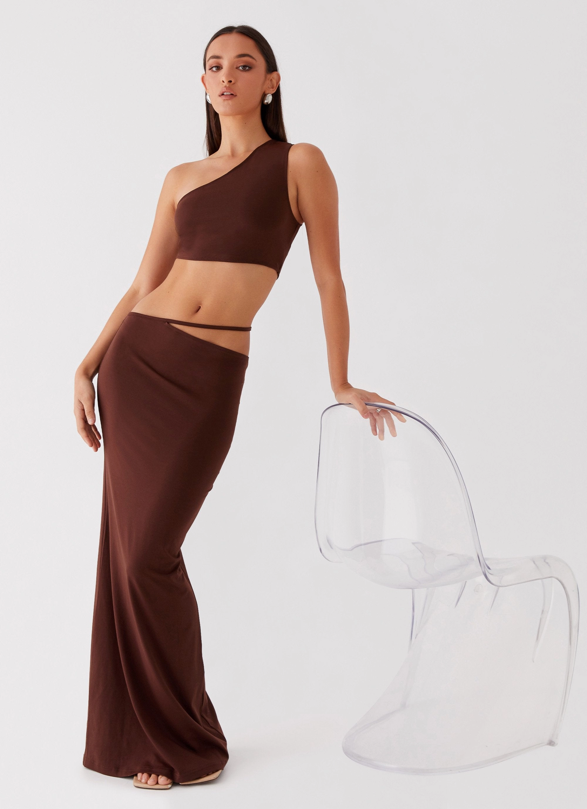 Like You Do One Shoulder Crop Top - Chocolate Yarn Dyed Fabric