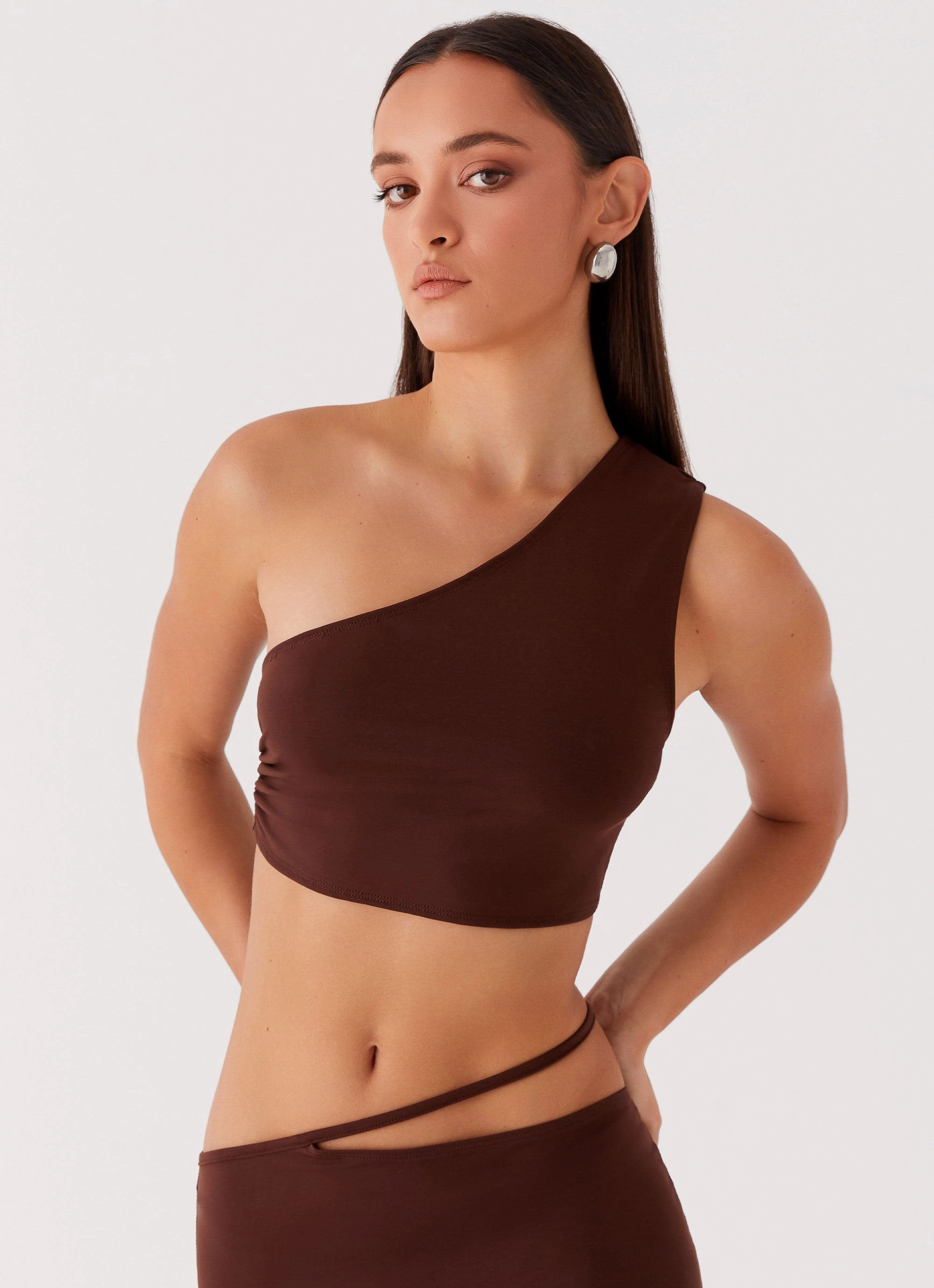 Like You Do One Shoulder Crop Top - Chocolate ZeroWasteProduction