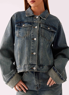 Back Again Oversized Denim Jacket - Dirty Wash Adjustable Belt