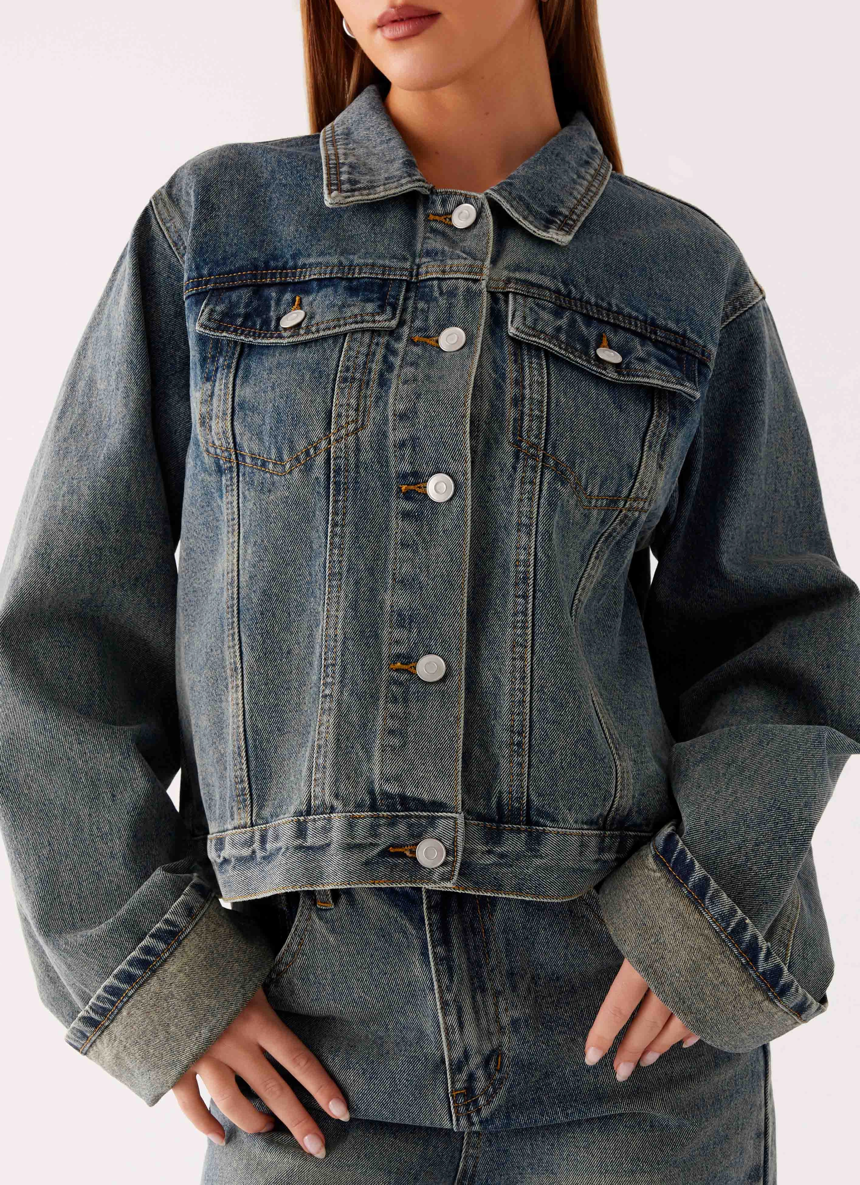Back Again Oversized Denim Jacket - Dirty Wash Adjustable Belt