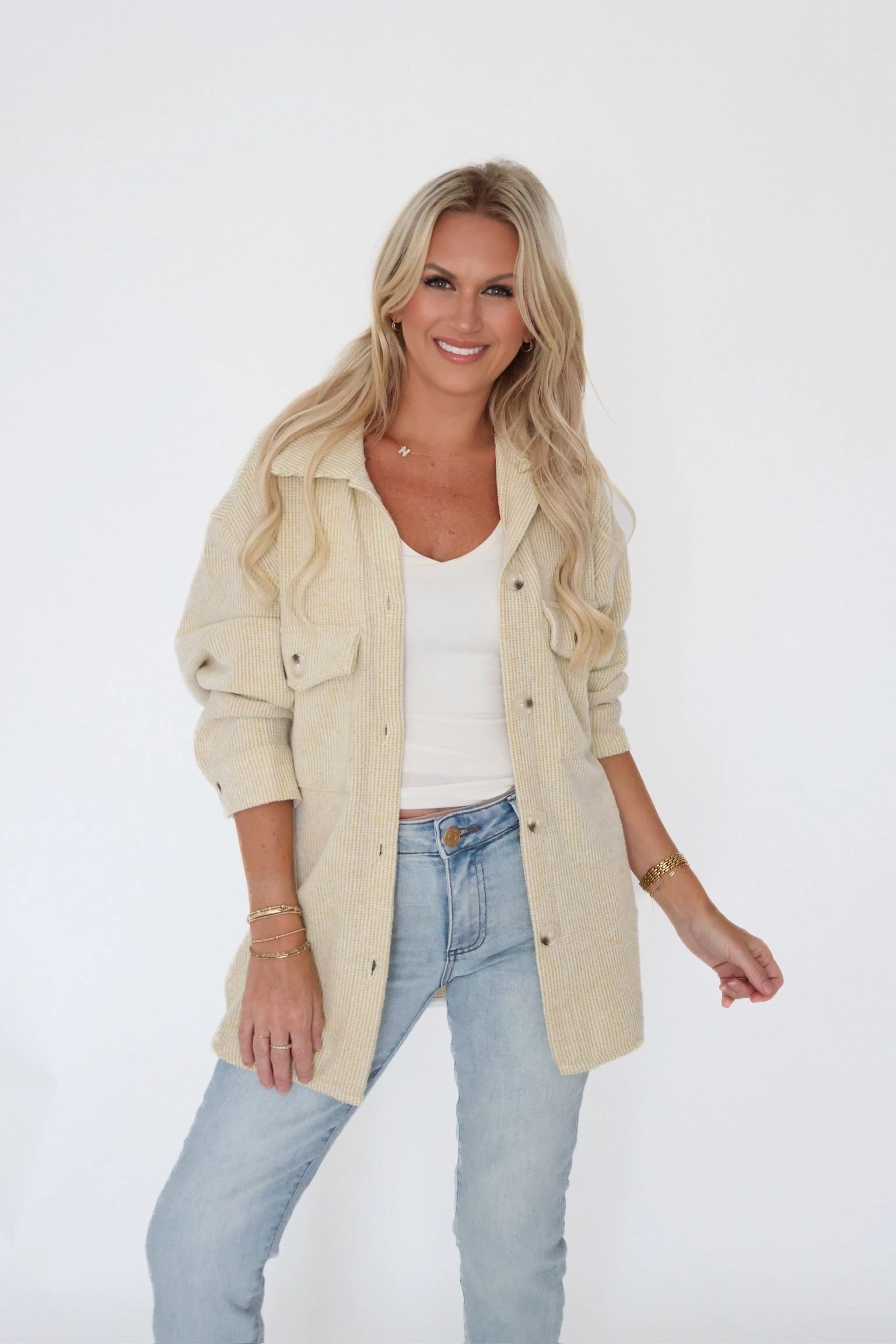 HeavyweightThermal Sustainable Production Methods Ari Waffle Knit Shacket - Lime