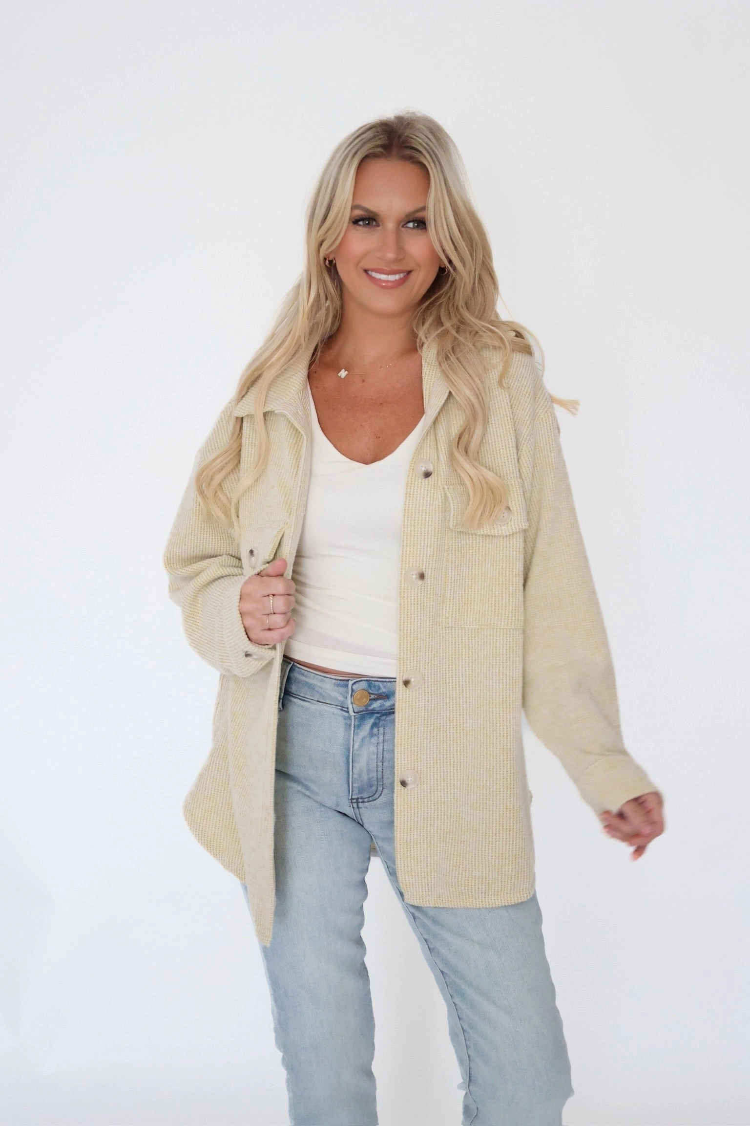 Simple Cut Ari Waffle Knit Shacket - Lime