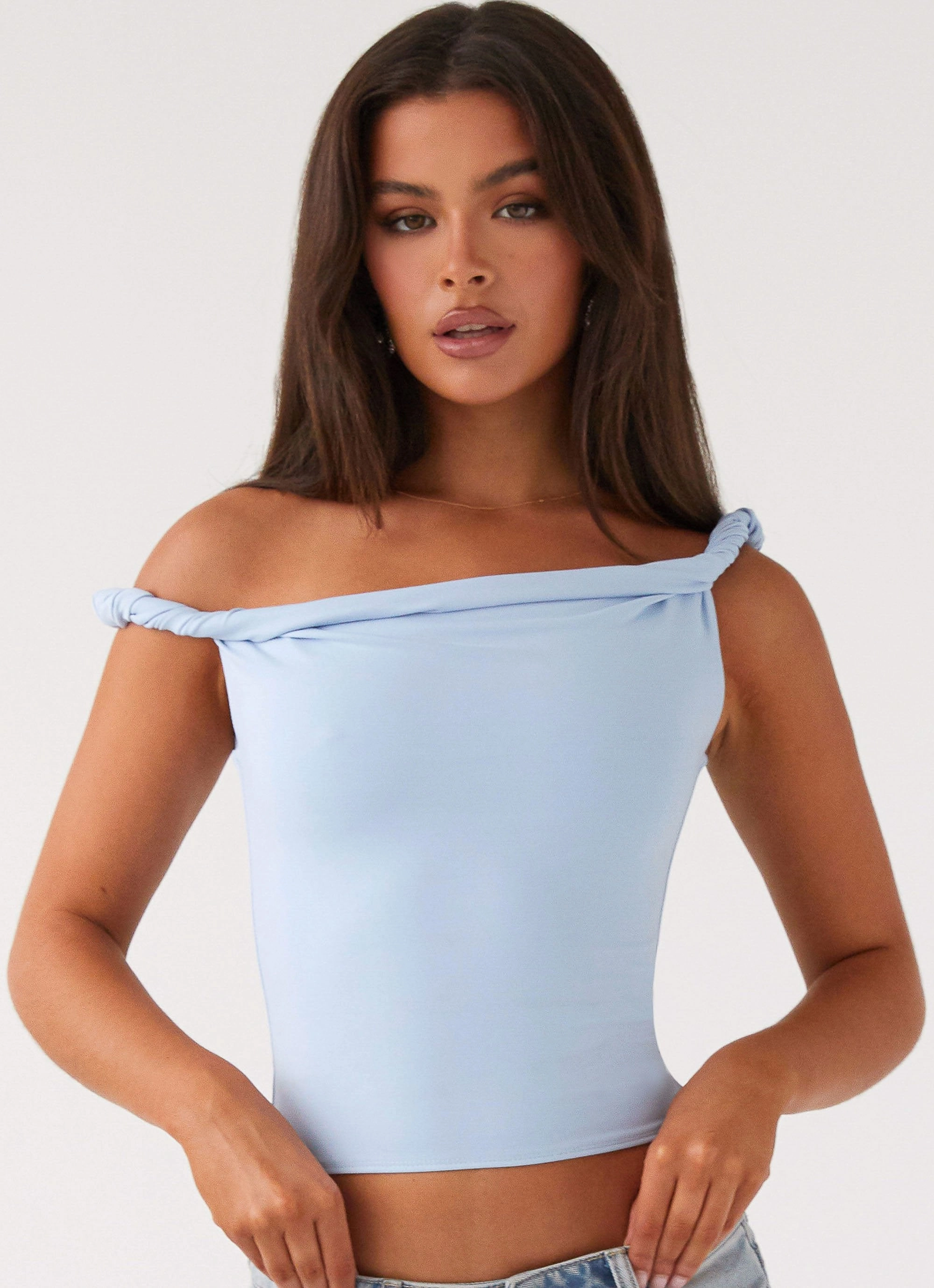 Solace Soul Twist Shoulder Top - Baby Blue FlexibleLayeredConstruction