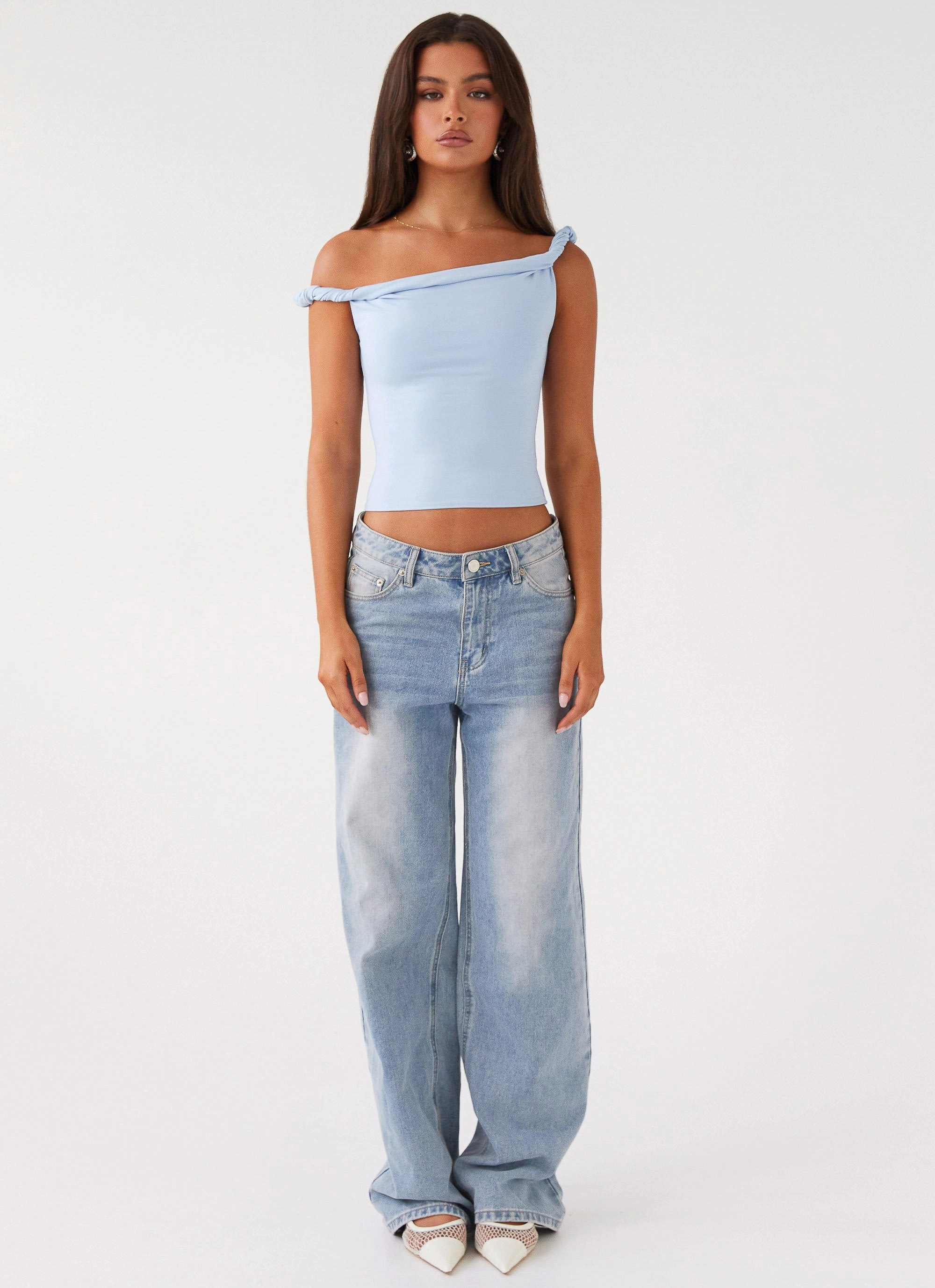 GarmentWashed Softness Solace Soul Twist Shoulder Top - Baby Blue