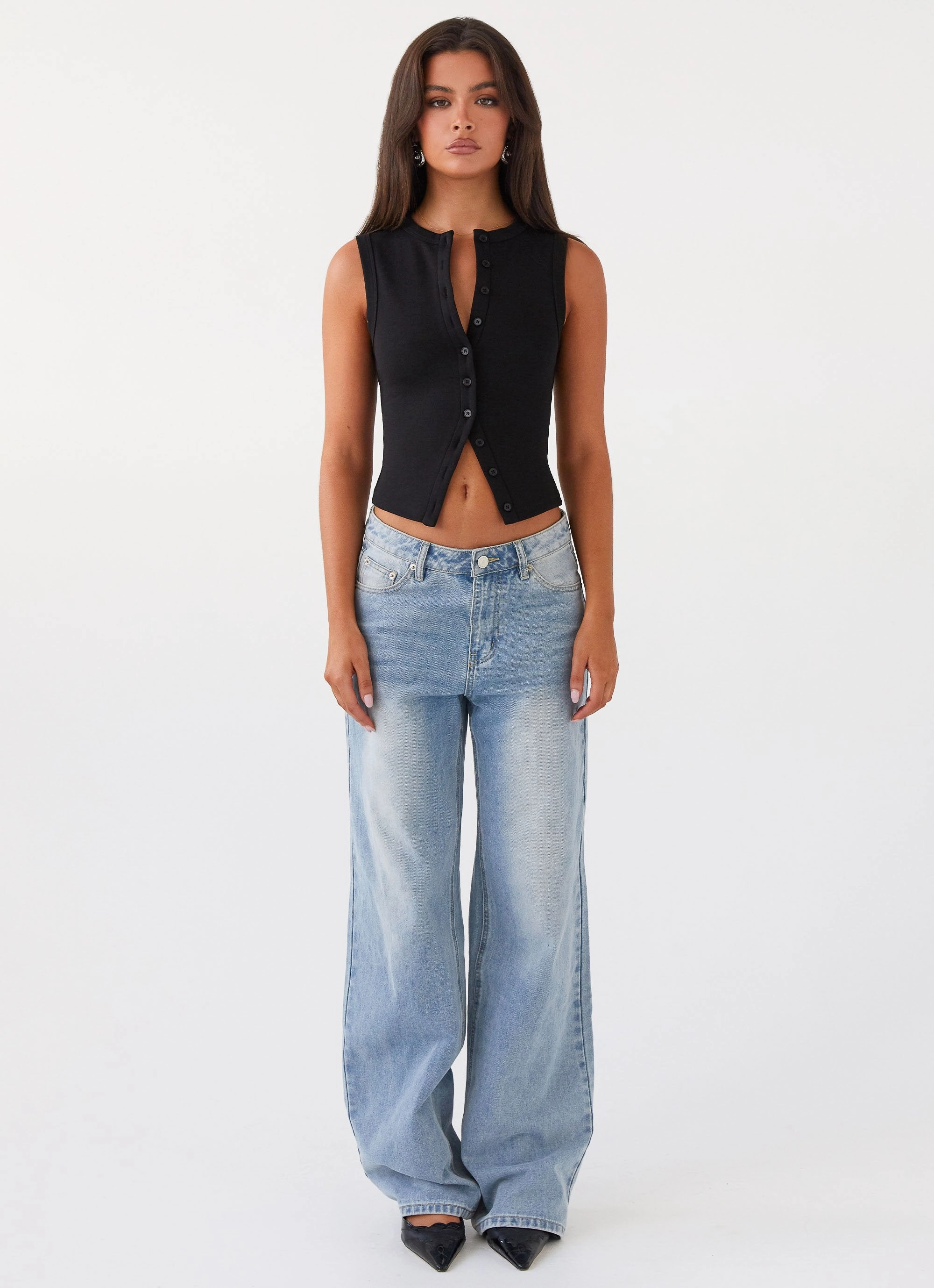 NaturalFiberBlend Blair Buttoned Tank Top - Black