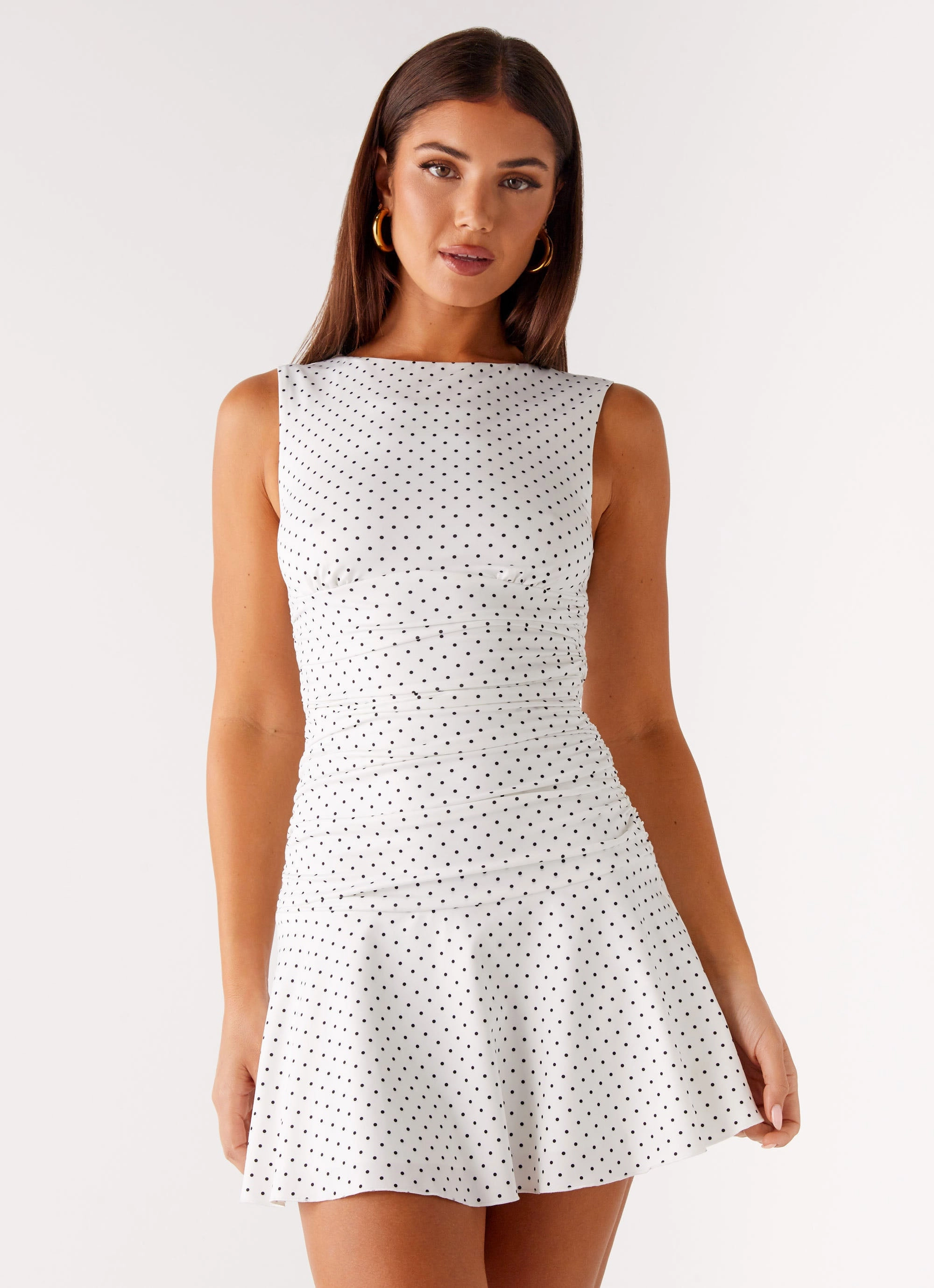 Kelda Mini Dress - White Polka Dot Stylish Waistband Fit Smooth Layering