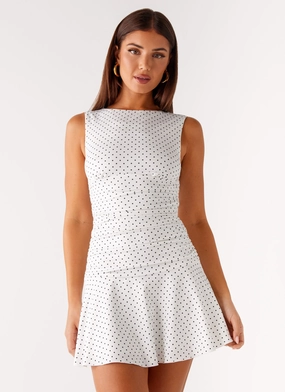 Kelda Mini Dress - White Polka Dot Stylish Waistband Fit Smooth Layering
