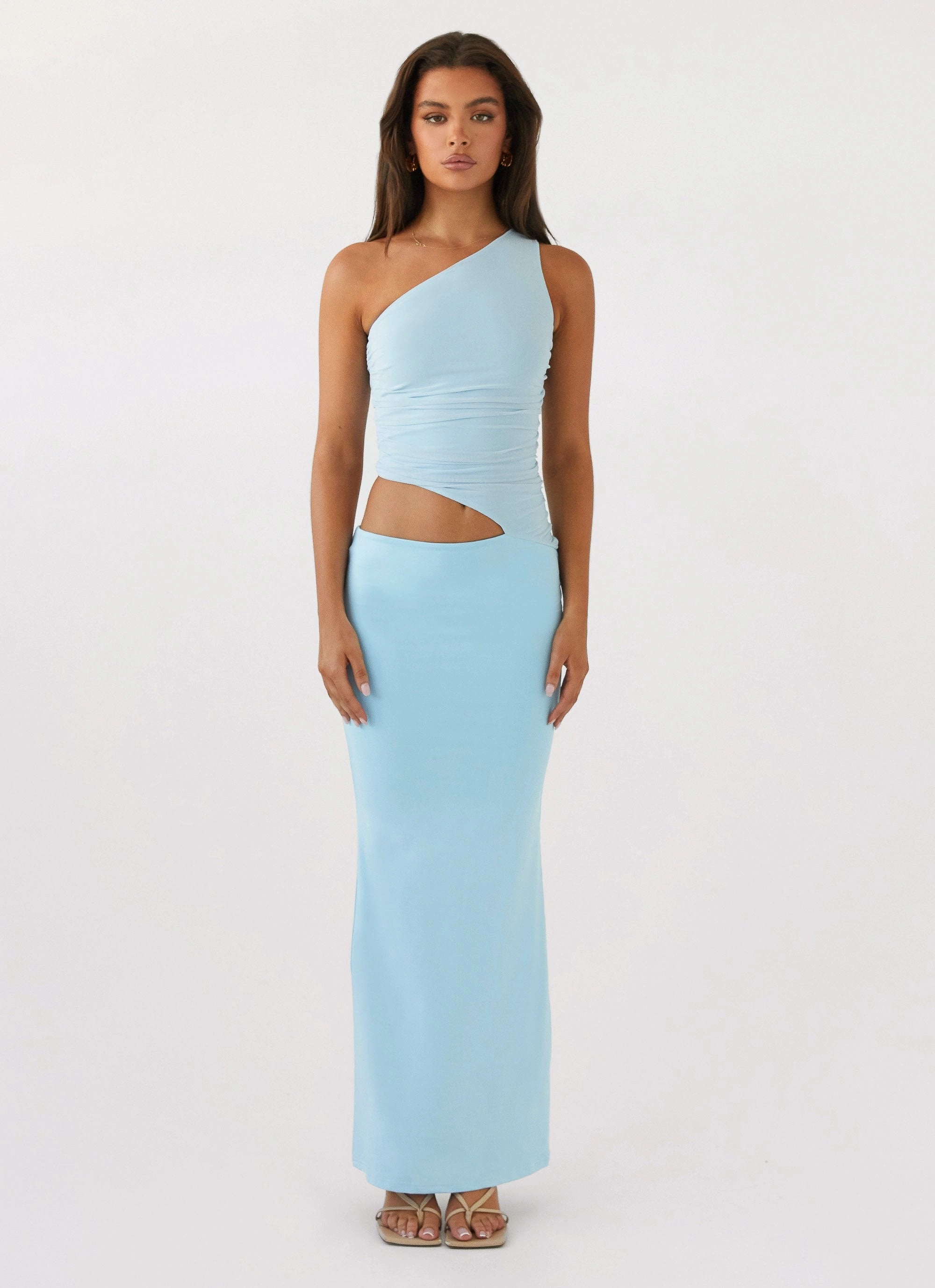 Subtle Glam Heart Tone Seranella One Shoulder Maxi Dress - Sky Blue