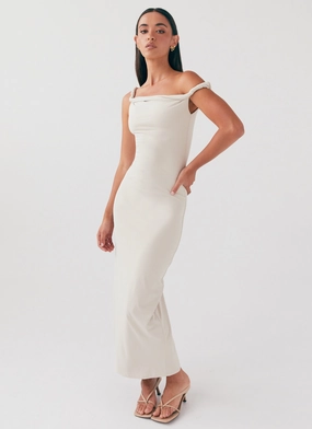 Minimalist Elegance Arabella Twist Shoulder Maxi Dress - Beige