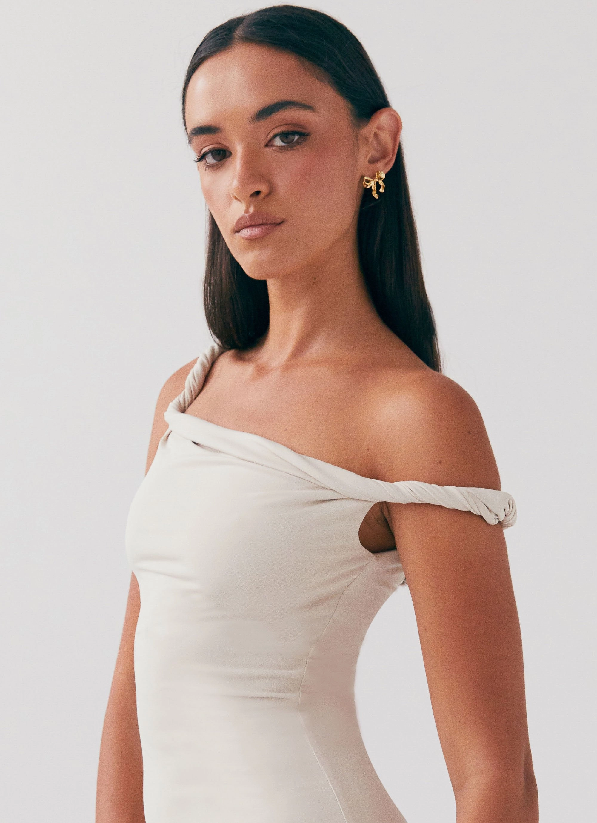 Arabella Twist Shoulder Maxi Dress - Beige Low Key