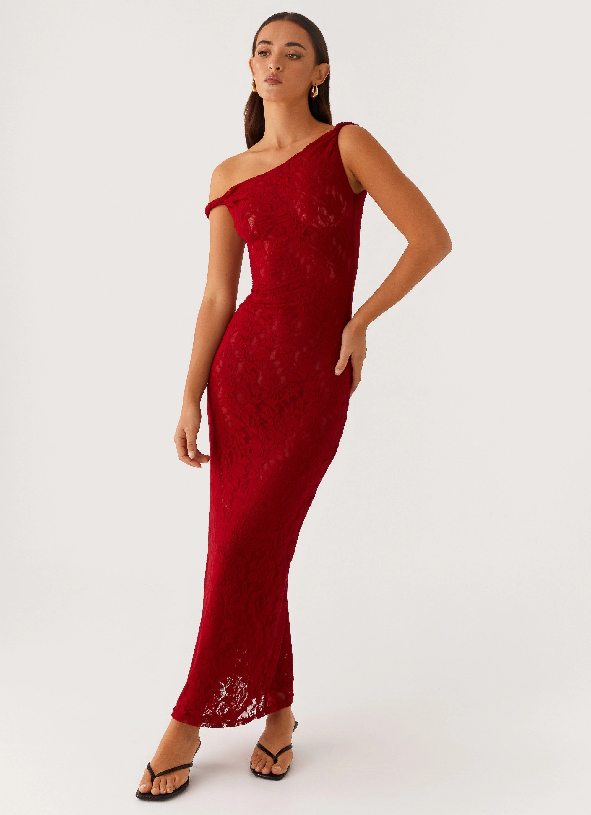 Arabella Twist Shoulder Maxi Dress - Maroon Lightweight warm-weather dress Bright-colored piece