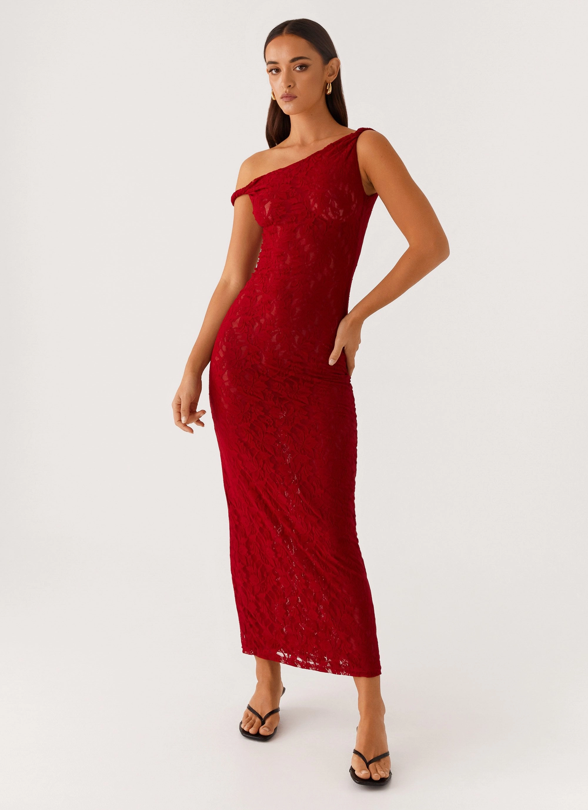 Mood Flex Side Slit Arabella Twist Shoulder Maxi Dress - Maroon