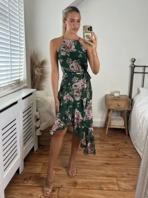 Ariana Halter Frill Dress / Chiffon Green Floral Sleek and Simple Ariana Halter Frill Dress / Chiffon Green Floral Daywear Comfort