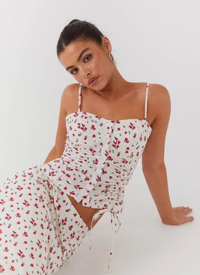 Ariana Linen Bustier Top - Poppy Floral Stretch Fit Construction YarnDyeStripe AdjustableCuffs Ariana Linen Bustier Top - Poppy Floral