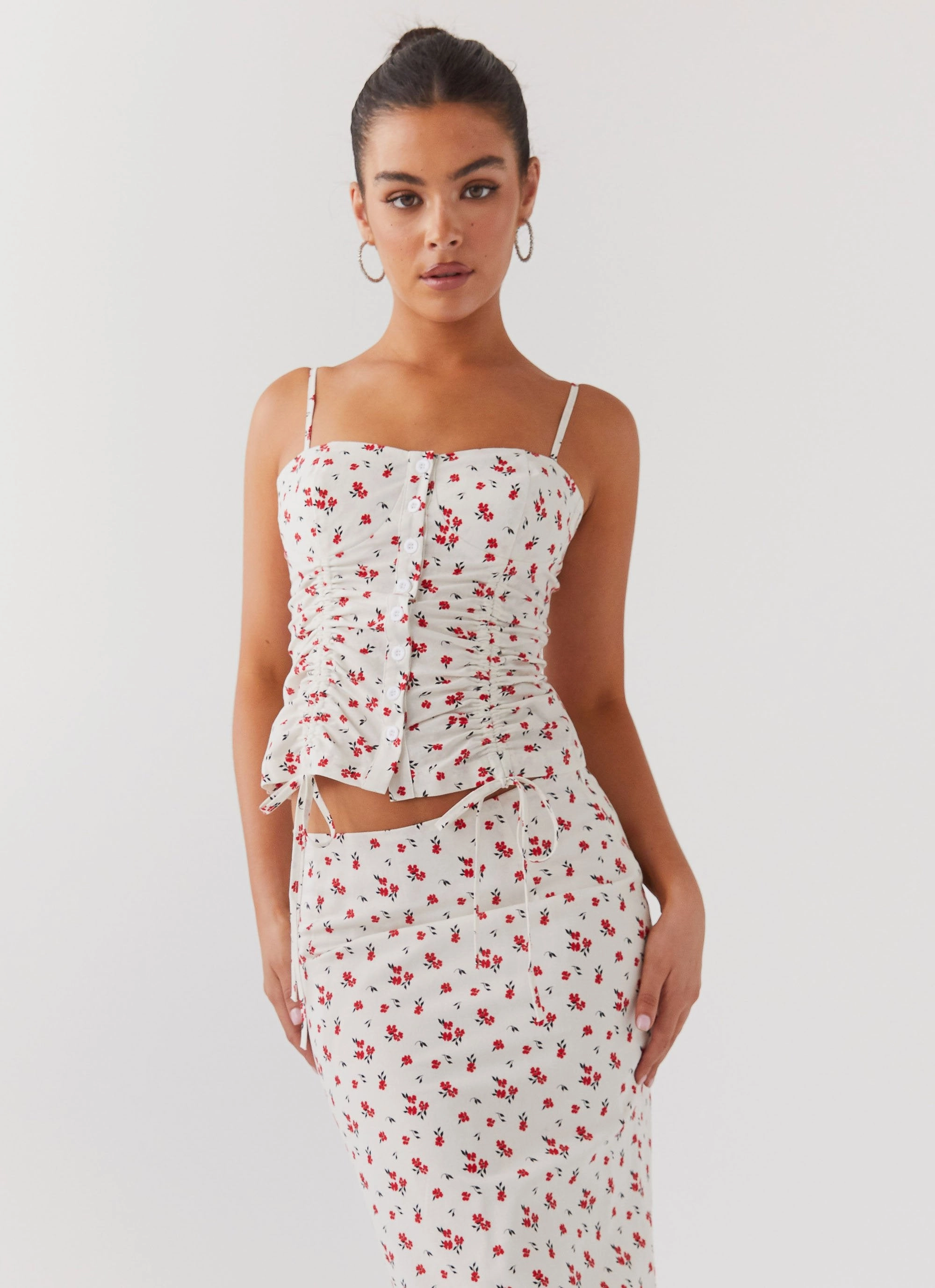Ariana Linen Bustier Top - Poppy Floral HighDensityFoam WrinkleFree Fabric