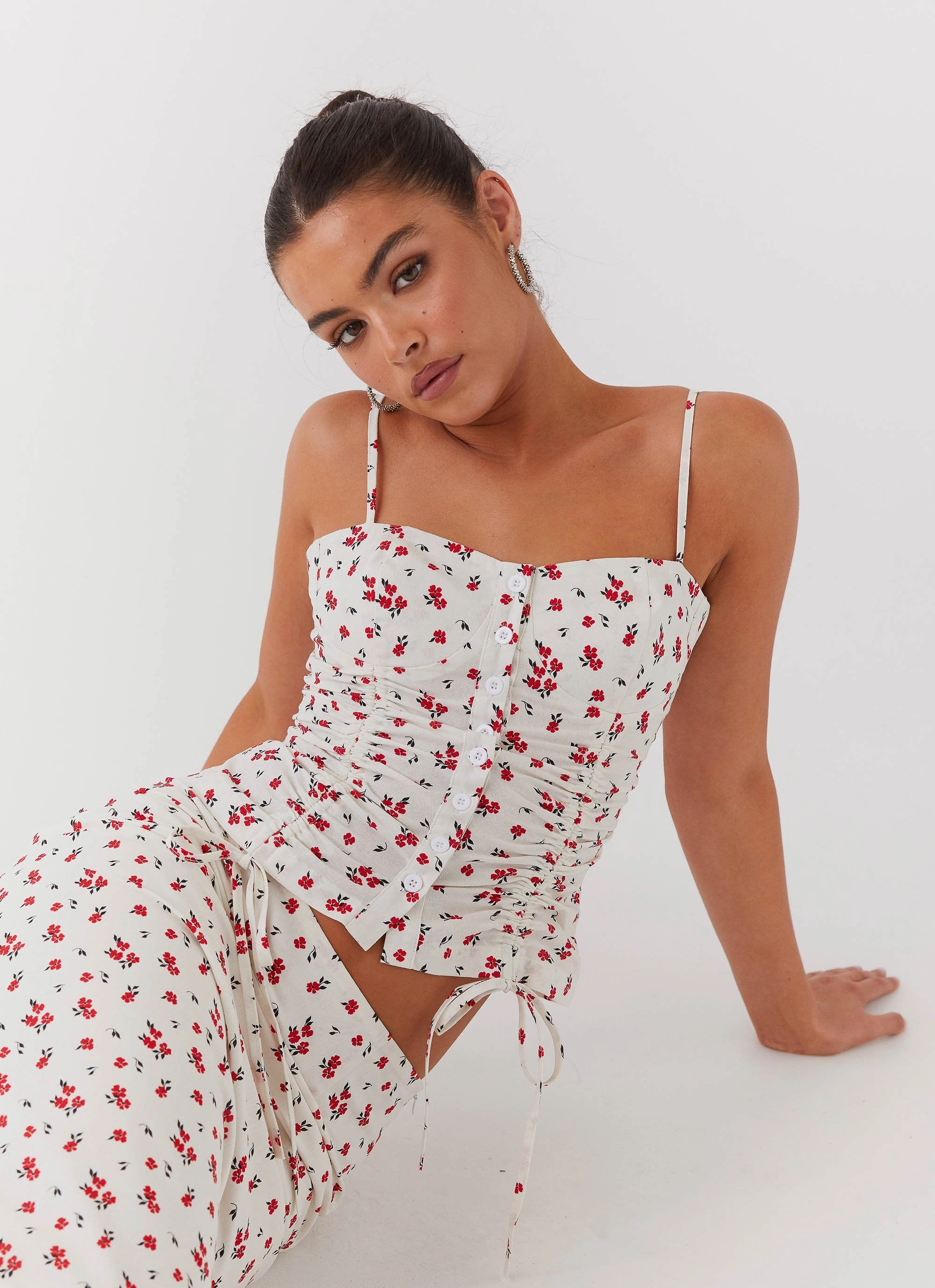 YarnDyeStripe AdjustableCuffs Ariana Linen Bustier Top - Poppy Floral