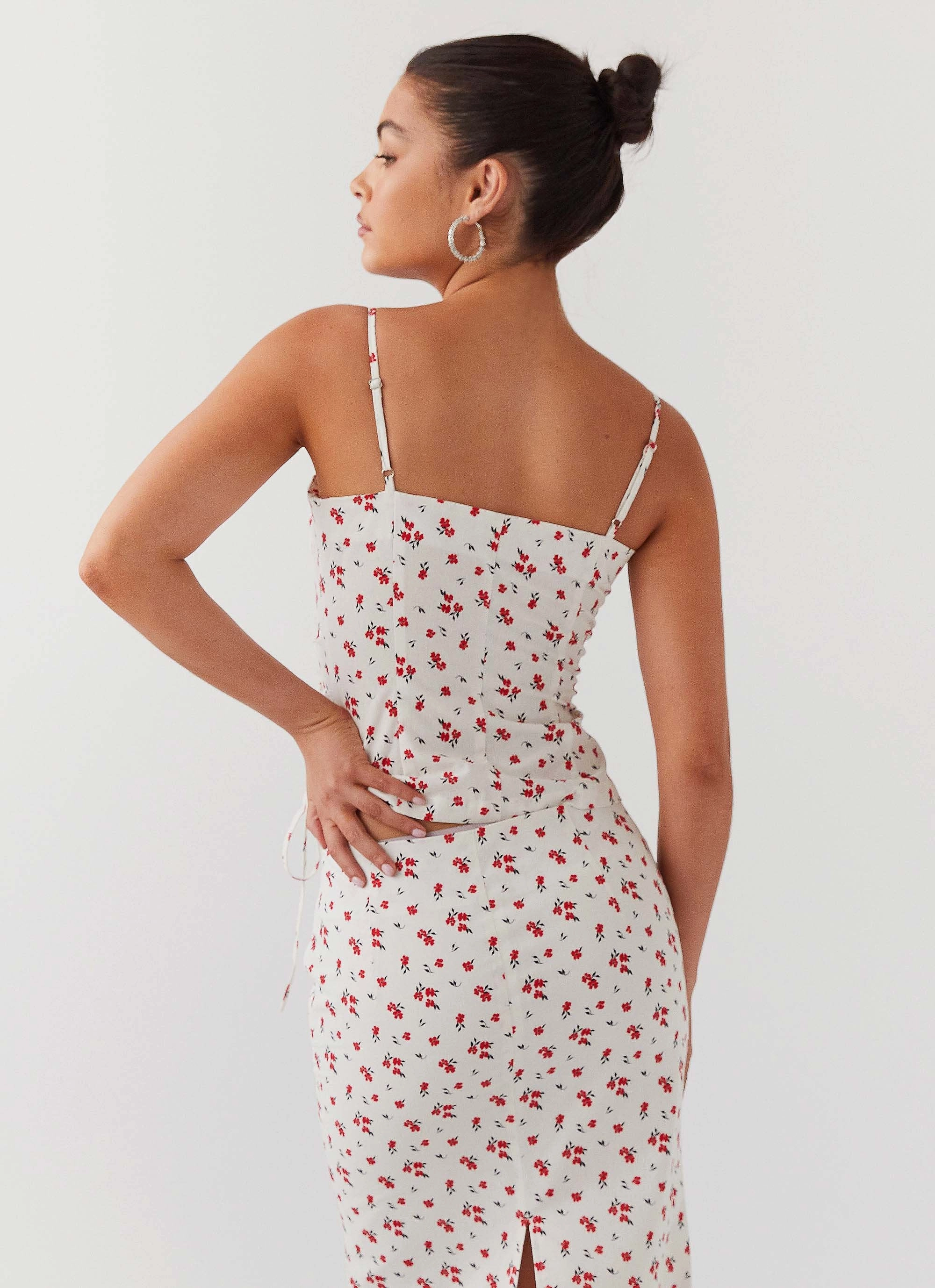 Ariana Linen Bustier Top - Poppy Floral Four Way Stretch Material Heat Regulating Fabric