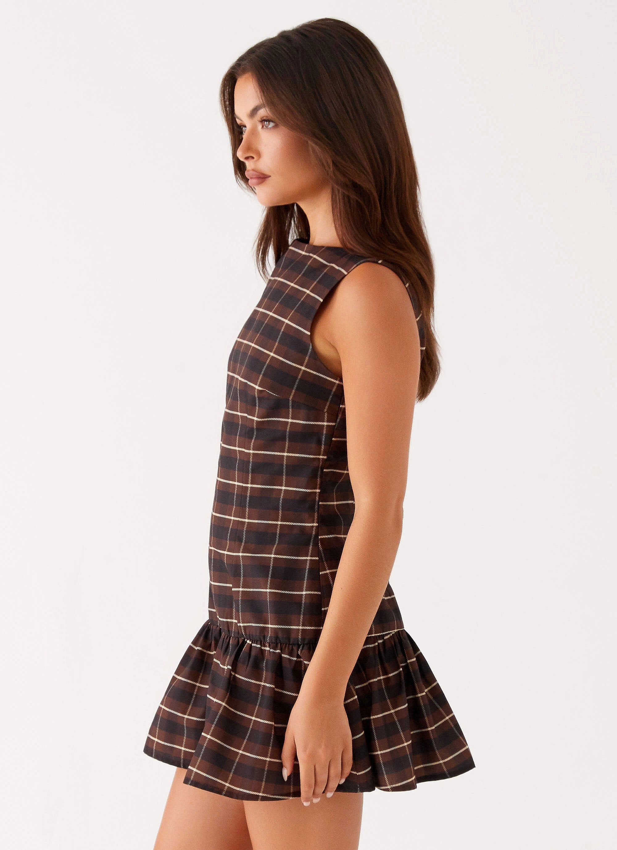 Feminine empire waist dress Arizona Mini Dress - Brown Black Check