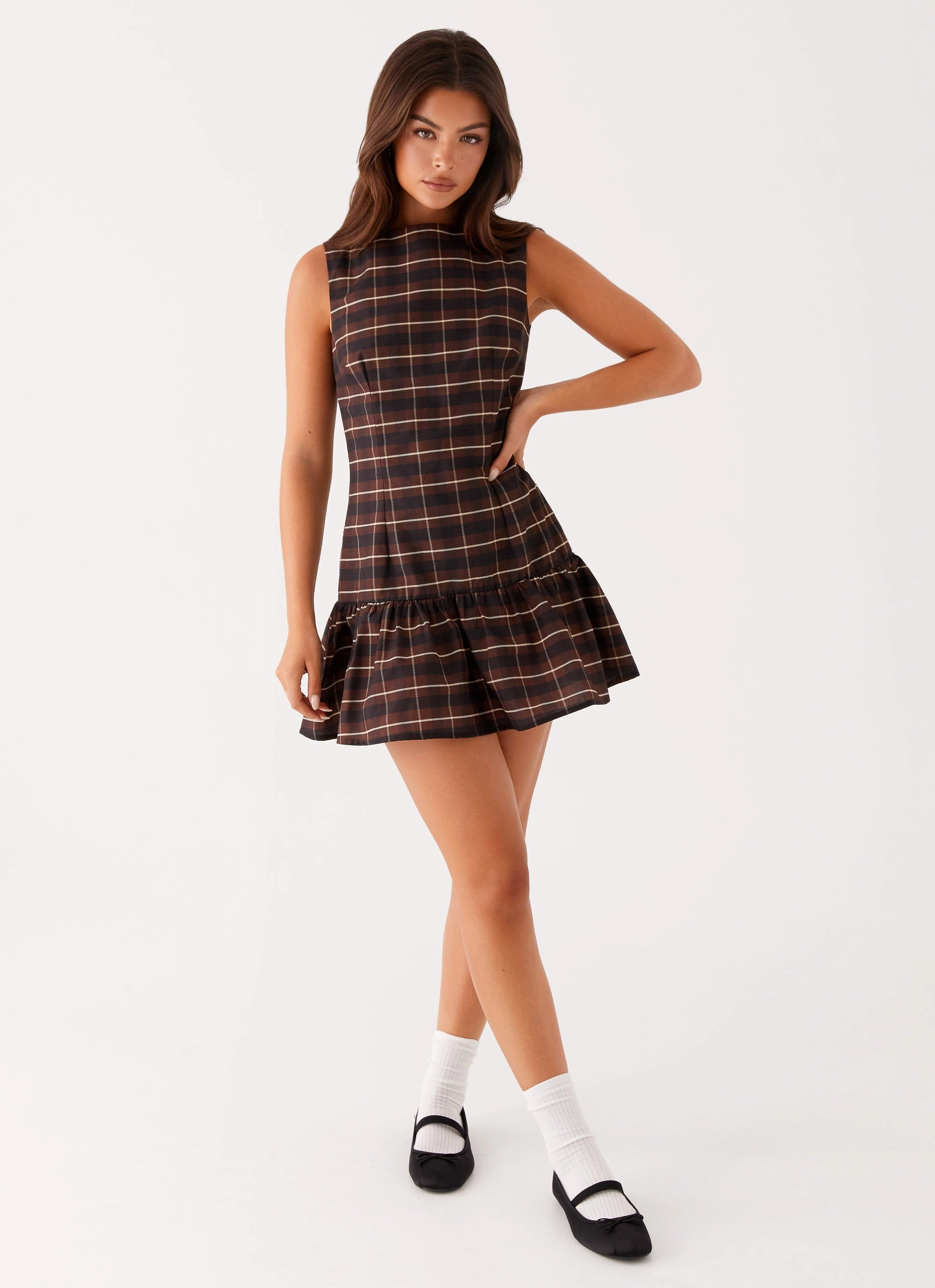 Arizona Mini Dress - Brown Black Check Grab Now Fit Vibe