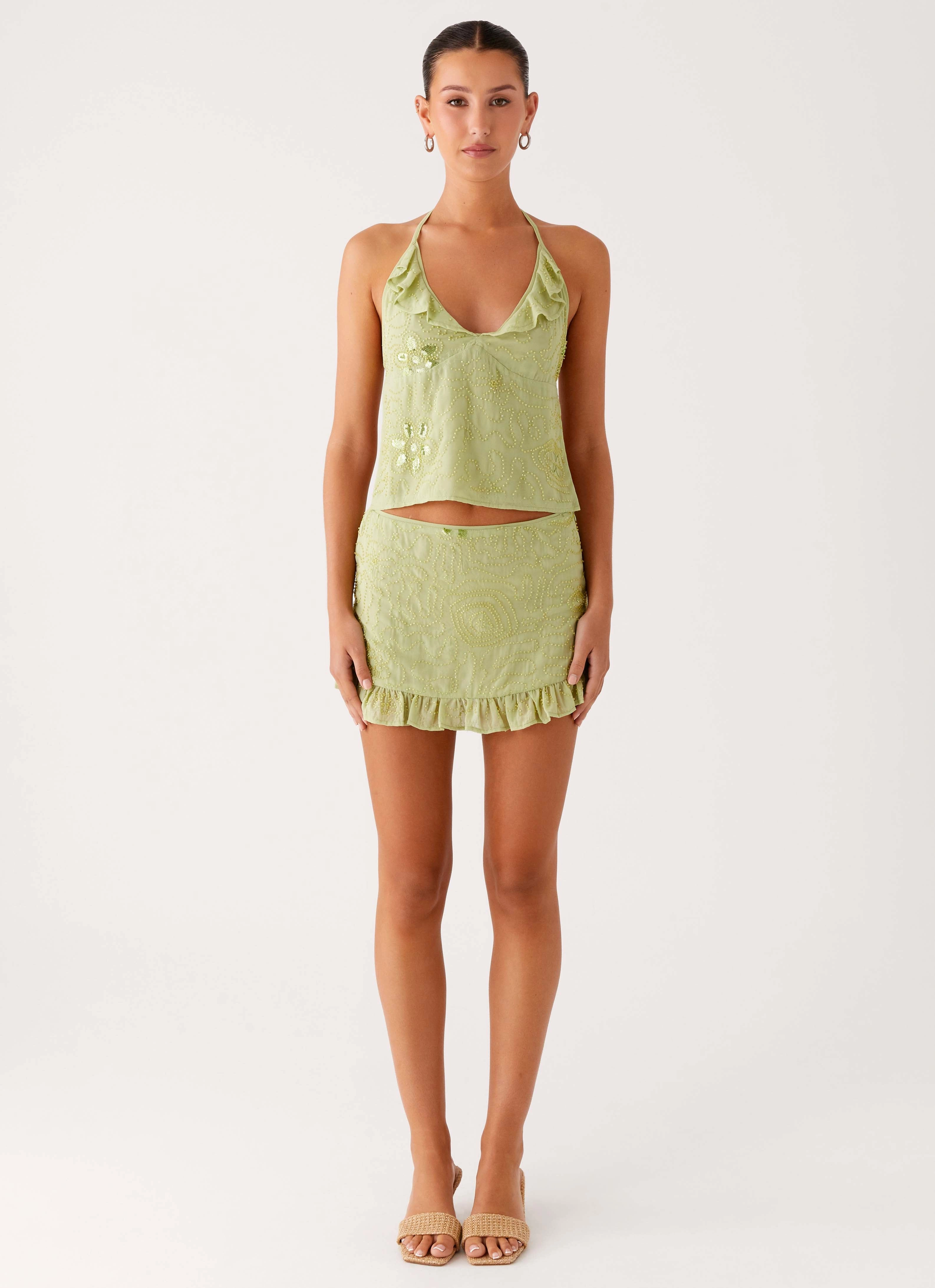 Cotton Twill Savoir Beaded Halter Top - Mint