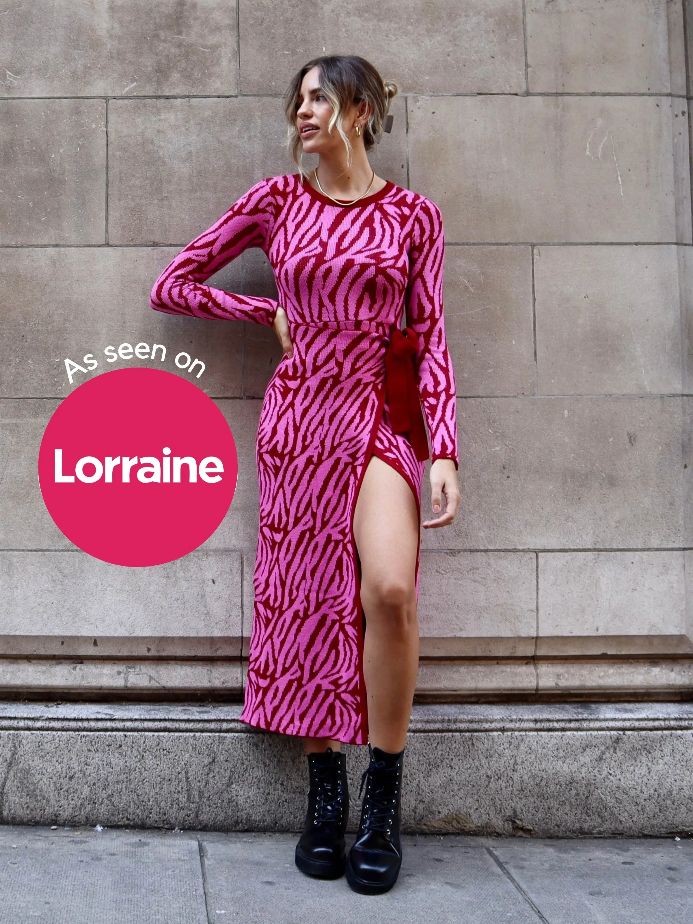 Fine Texture AS SEEN ON LORRAINE! Renee Zebra Jacquard Knitted Midaxi Dress / Pink
