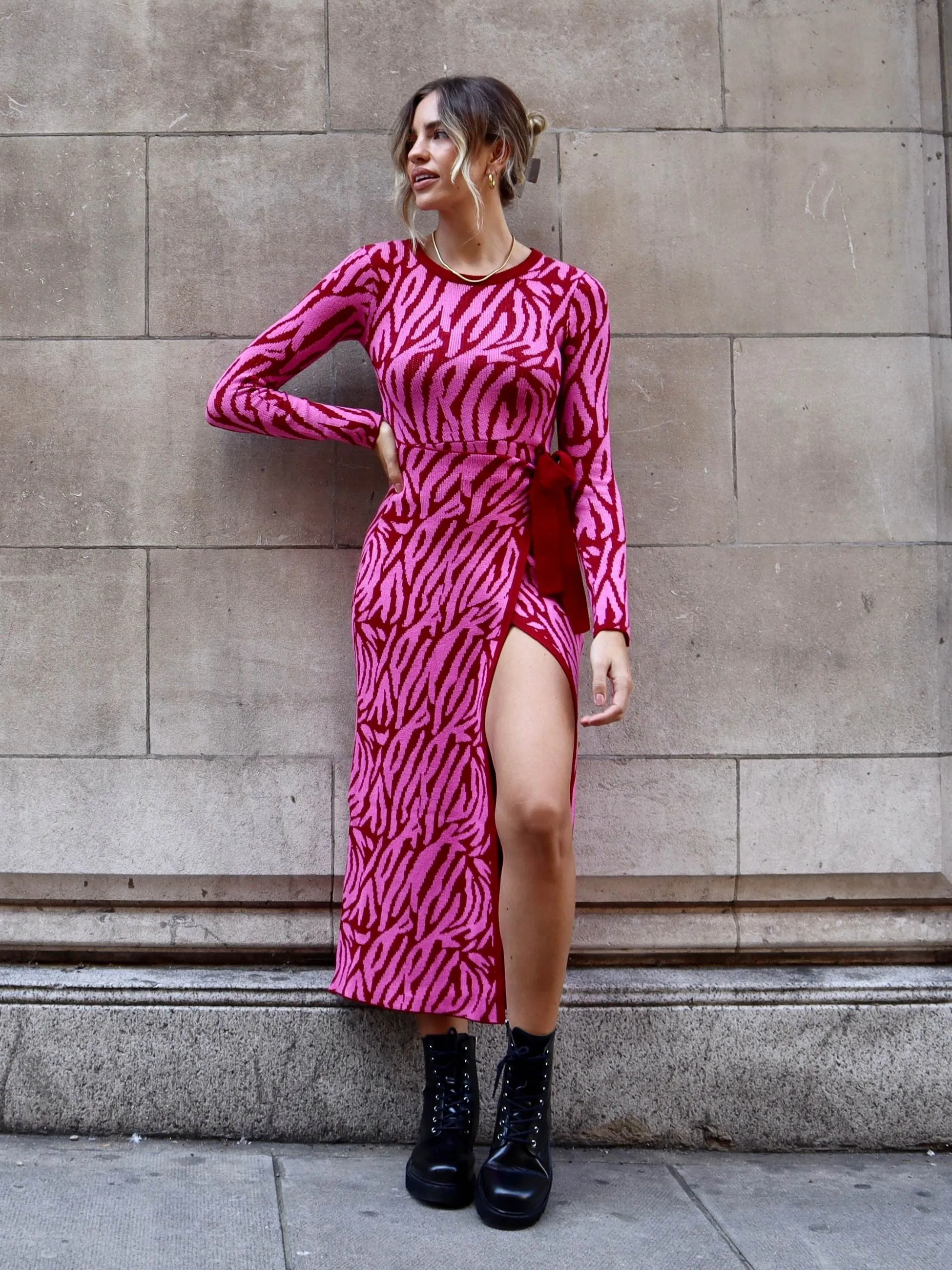 AS SEEN ON LORRAINE! Renee Zebra Jacquard Knitted Midaxi Dress / Pink Wedding-Guest