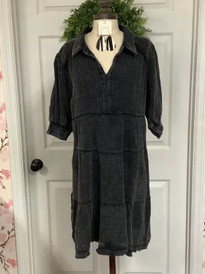 Ash Curvy Mineral Wash Cotton Gauze Tiered Collared Dress with Smocked Cuff Short Sleeves