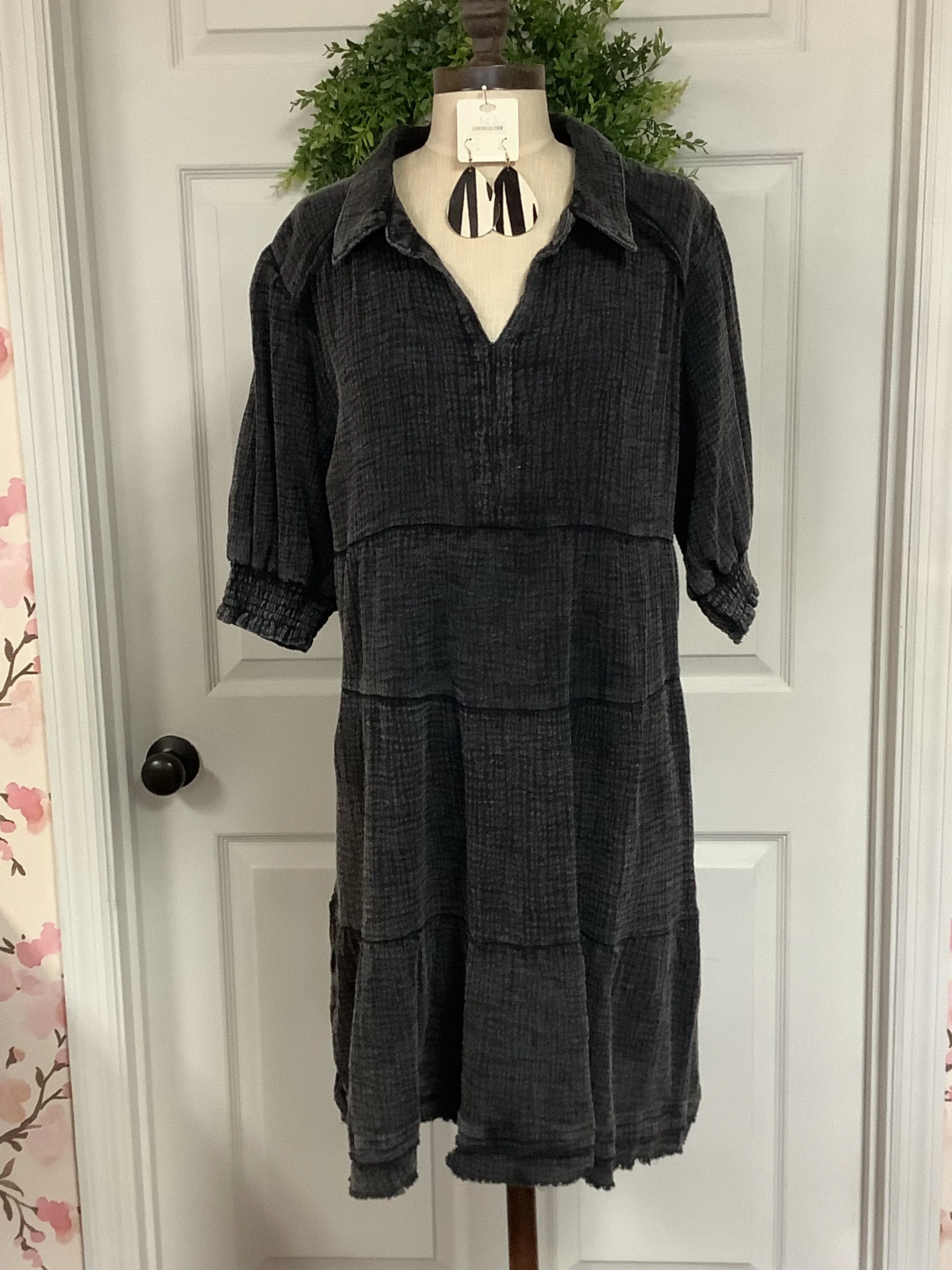 Ash Curvy Mineral Wash Cotton Gauze Tiered Collared Dress with Smocked Cuff Short Sleeves