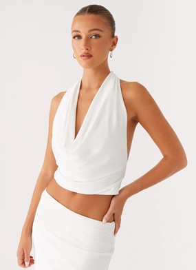 Ashi Cowl Top - White StretchMaterial Microfiber Blended Fabric