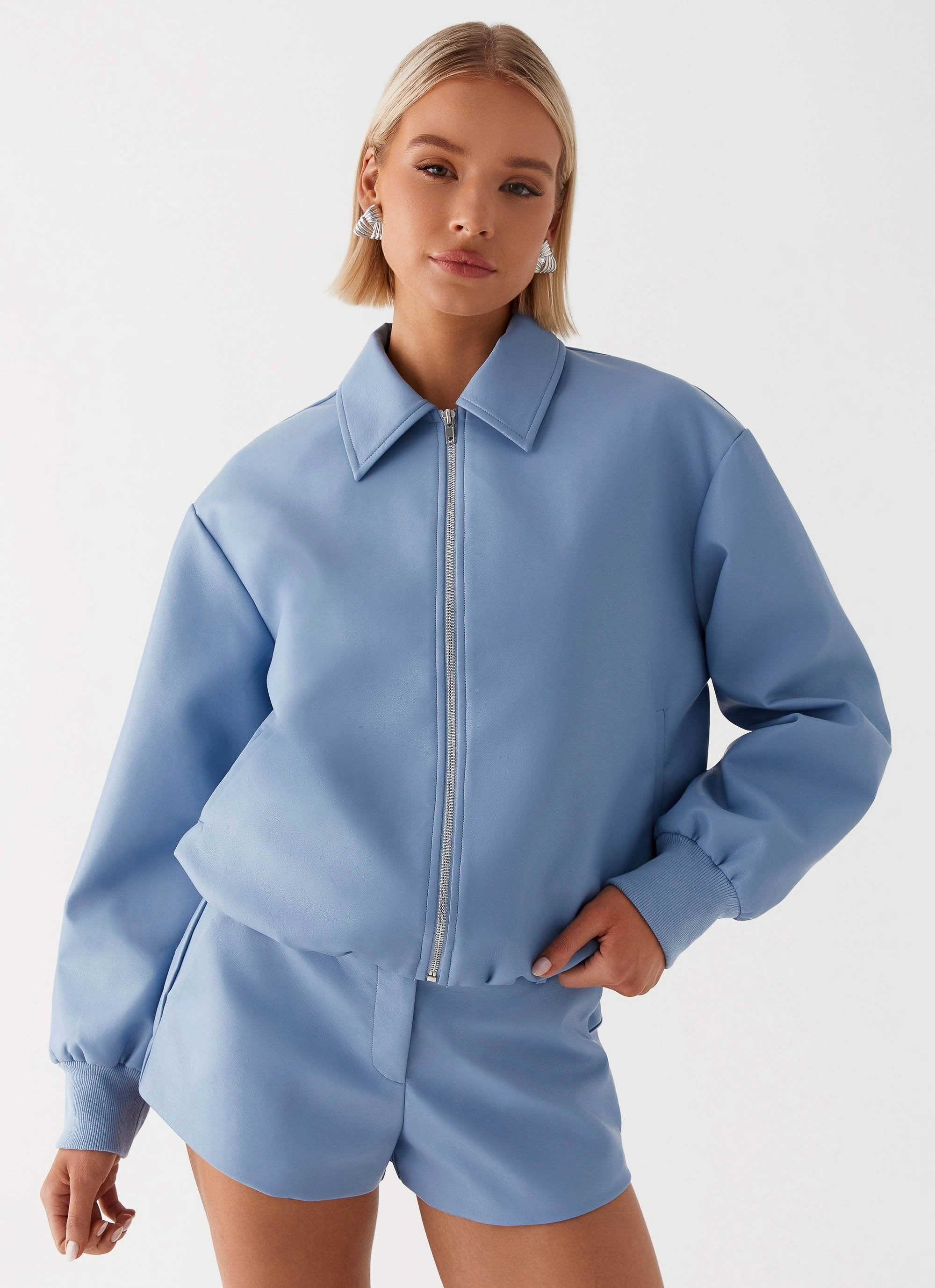 Aspen Oversized Bomber Jacket - Blue FourWay Stretch Fabric