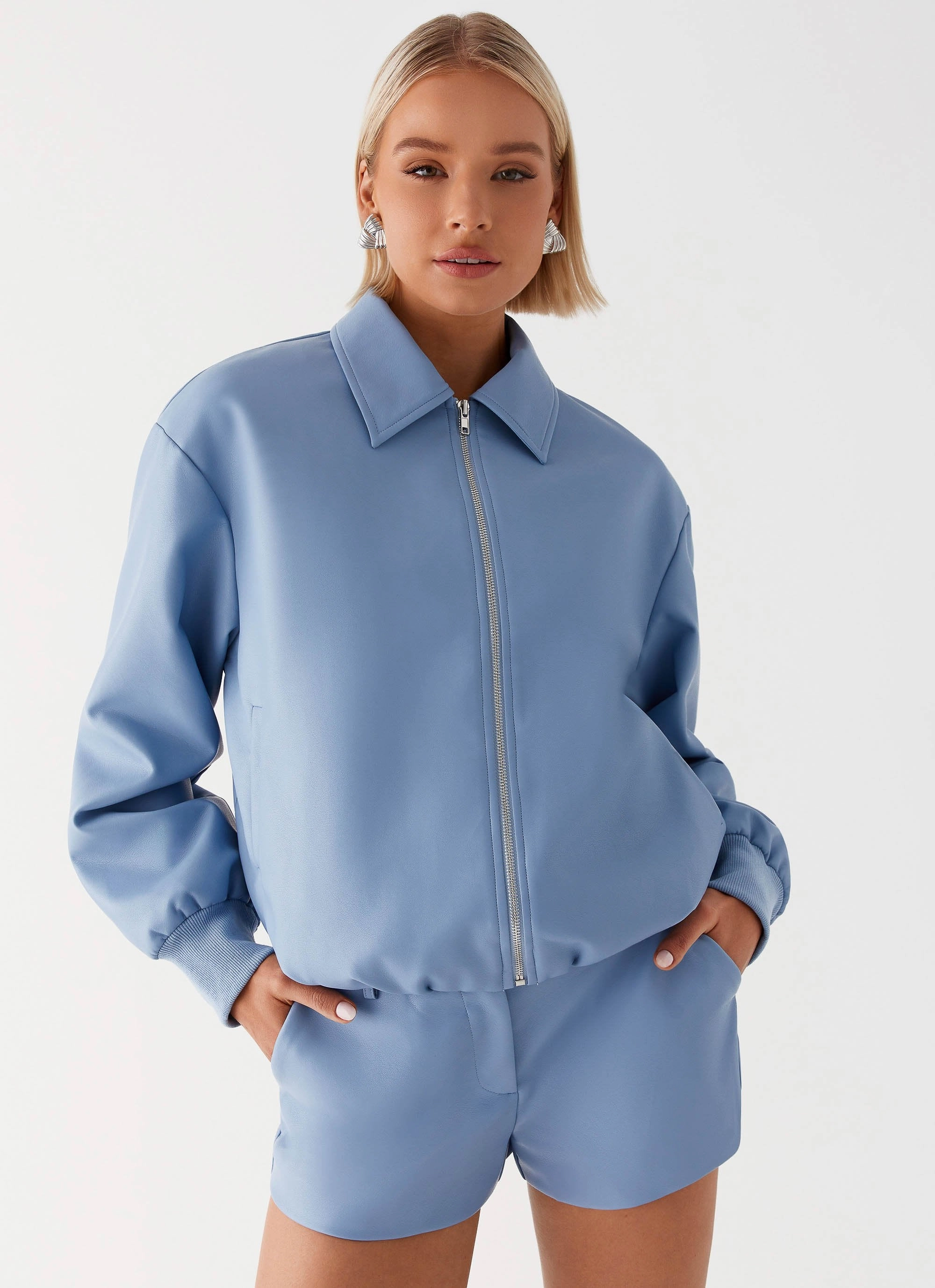 Aspen Oversized Bomber Jacket - Blue Reverseble Design Contrast Stitch Accent
