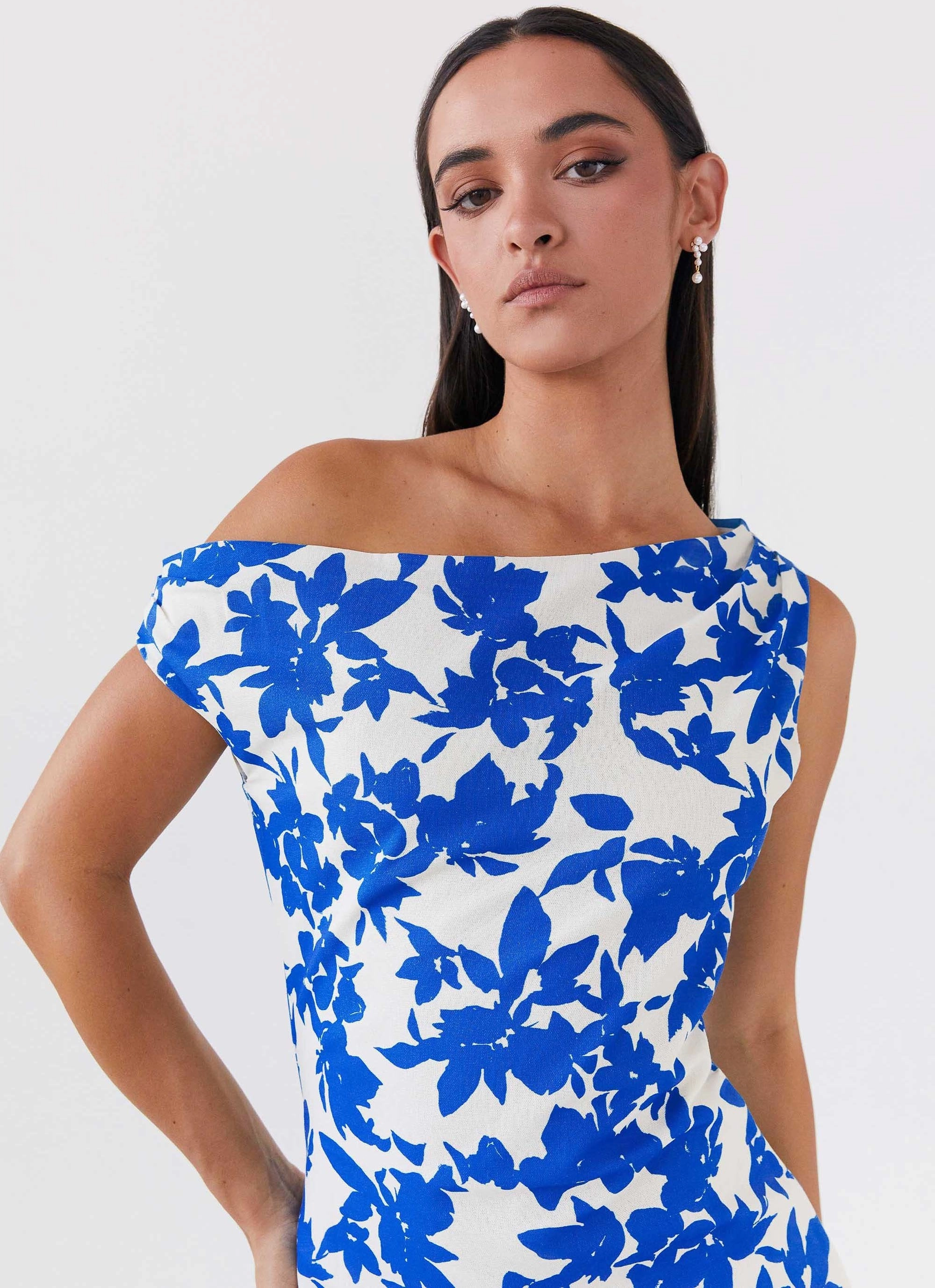 Pyper Off Shoulder Maxi Dress - Blue Floral Minimal Motion
