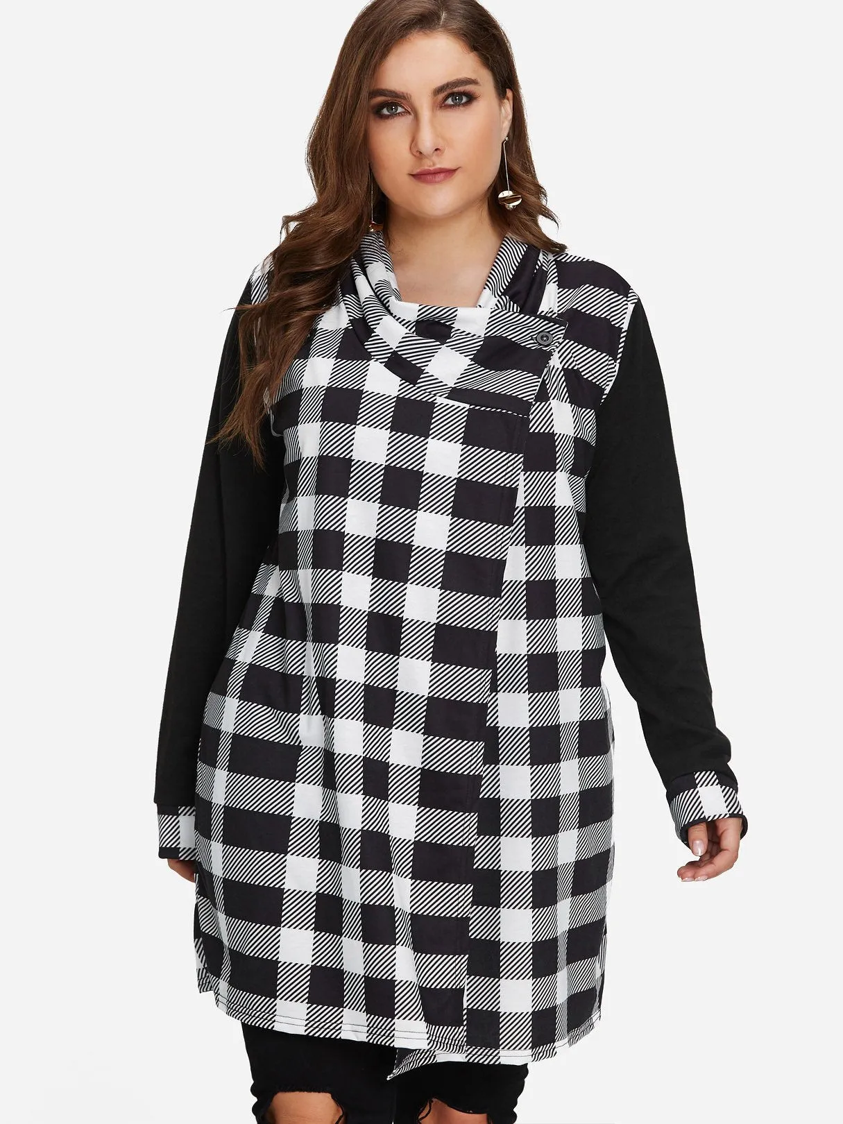 Asymmetrical Grid Long Sleeve Plus Size Coats & Jackets