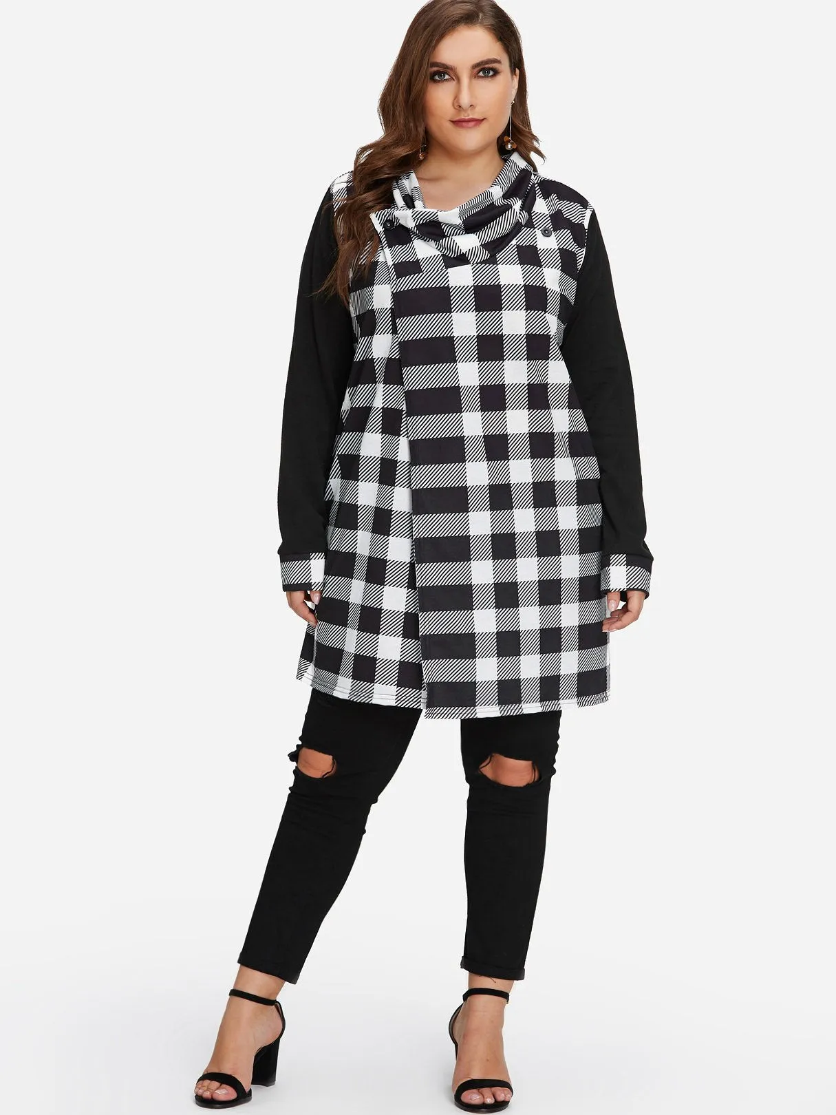 Asymmetrical Grid Long Sleeve Plus Size Coats & Jackets