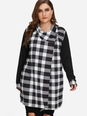 Asymmetrical Grid Long Sleeve Plus Size Coats & Jackets