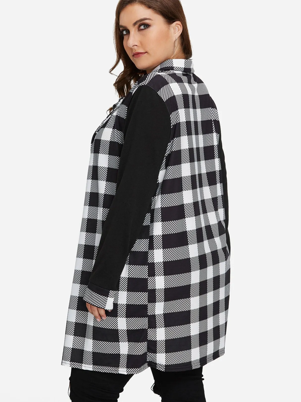 Asymmetrical Grid Long Sleeve Plus Size Coats & Jackets