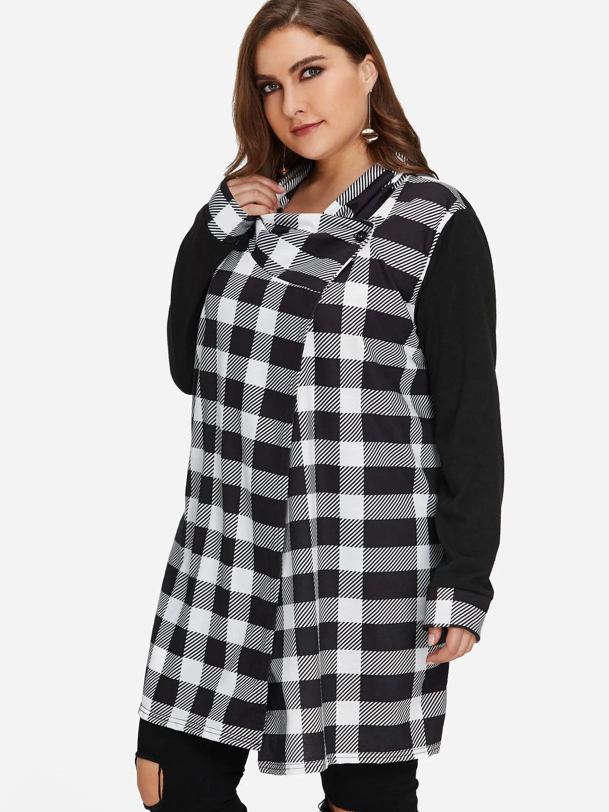 Asymmetrical Grid Long Sleeve Plus Size Coats & Jackets