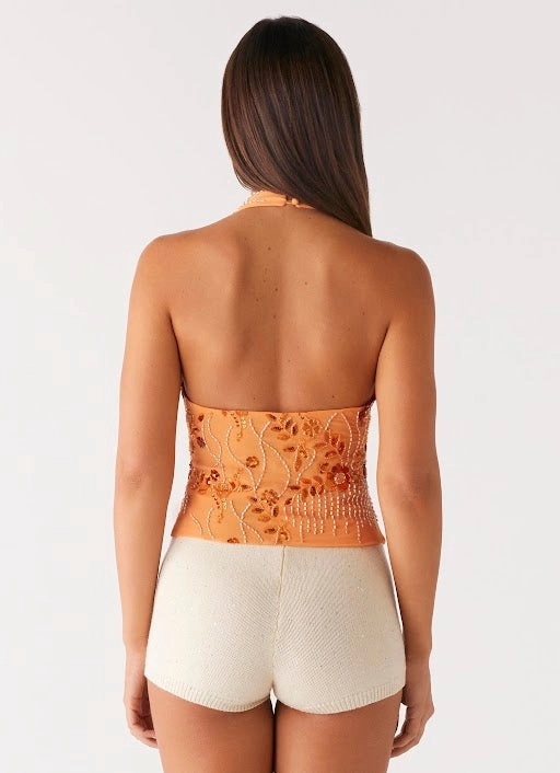 Atlanta Sequin Halter Top - Orange Convertible Collar