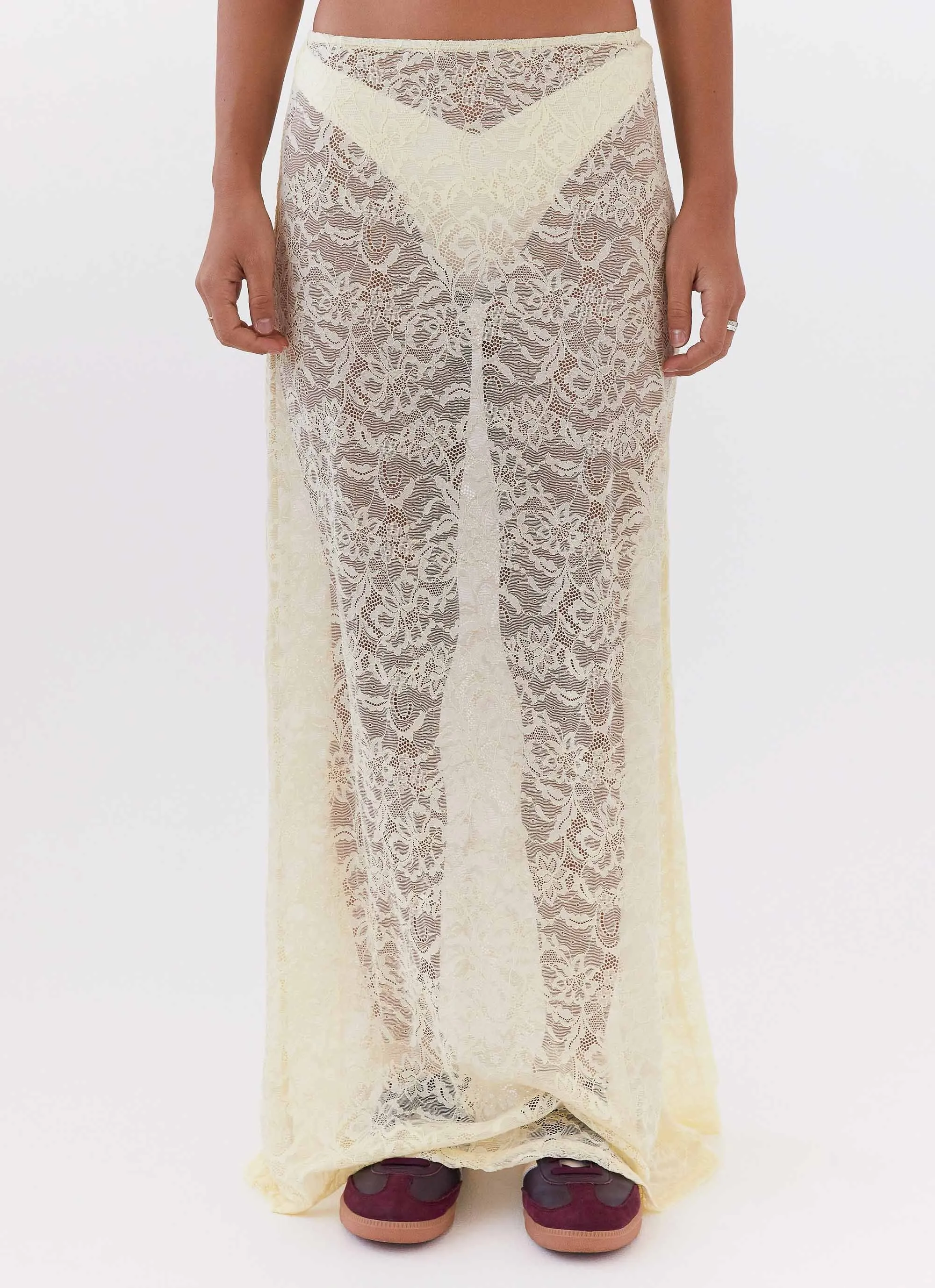 Light Fabric Mid Length Atoir Lace Maxi Skirt - Yellow