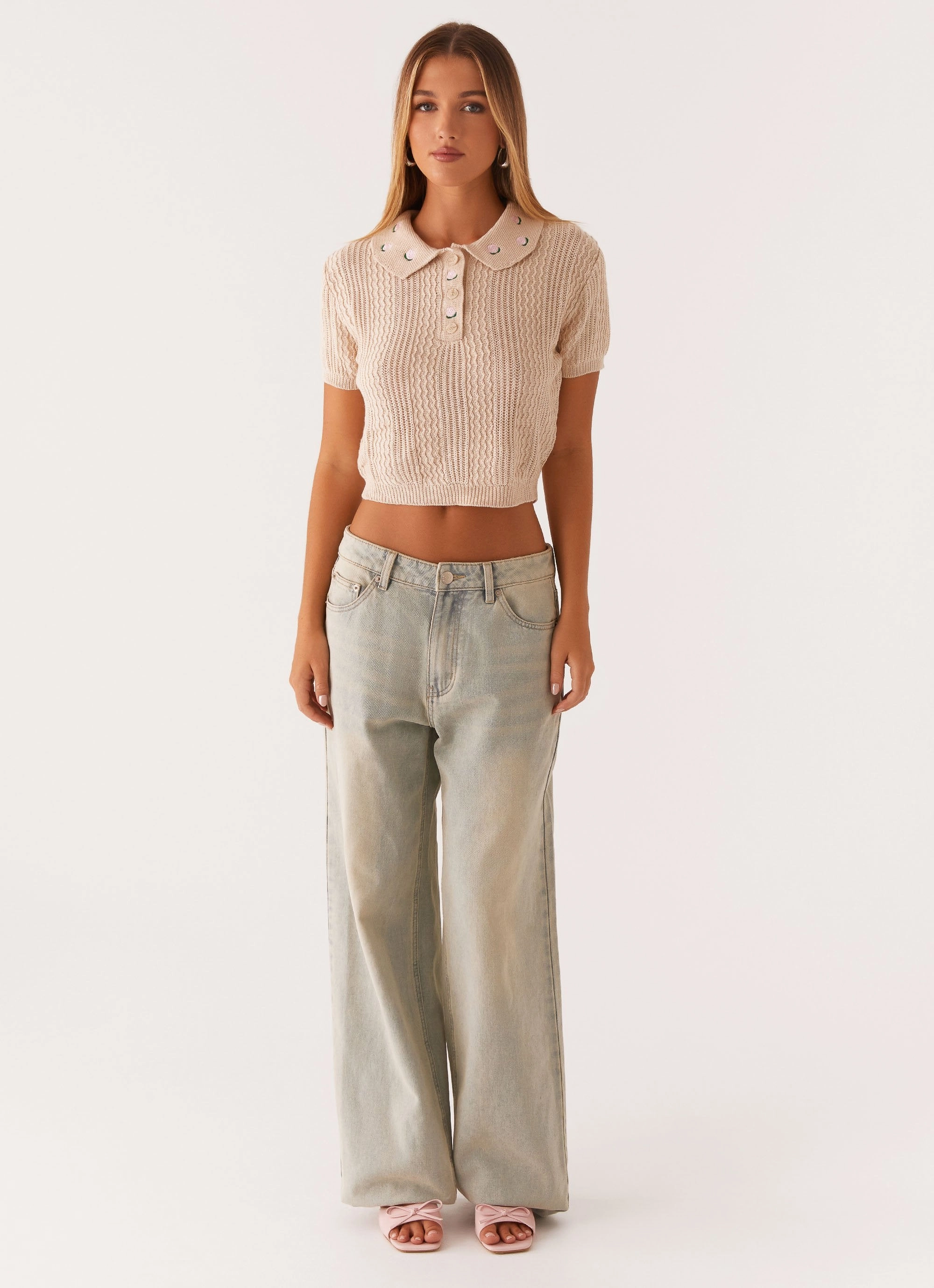 Aubrielle Knit Collar Top - Cream Easy Wear