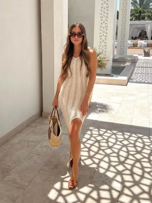 August Crochet Open Back Maxi Dress / Cream Beaded Detail Sleek Flow August Crochet Open Back Maxi Dress / Cream