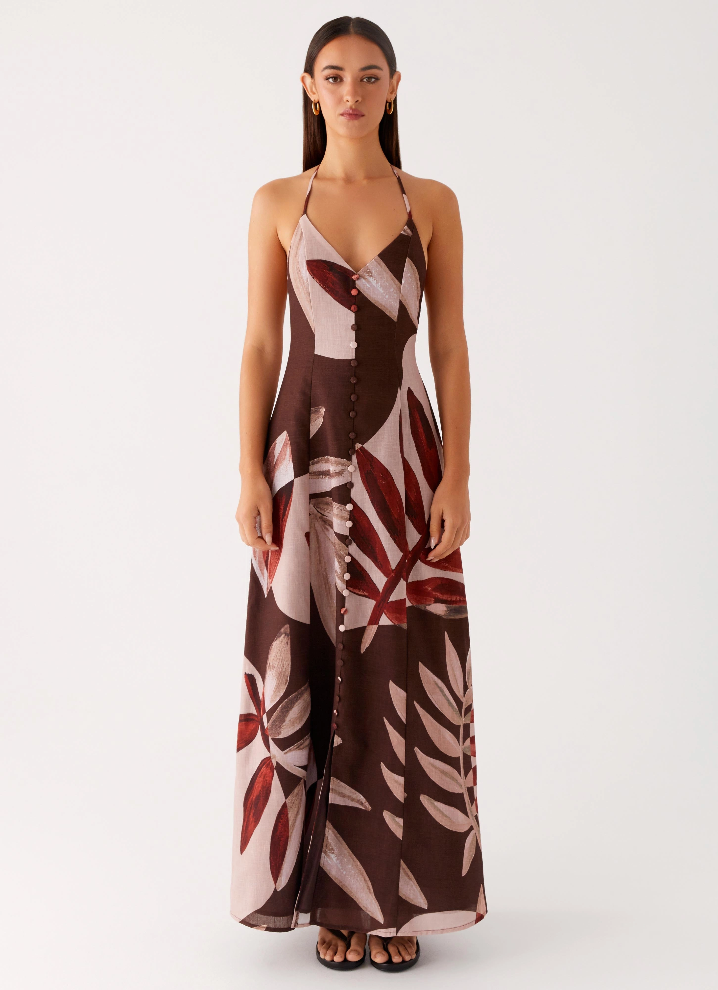 Cafe Vibe foldable Autumn Linen Maxi Dress - Cinnamon Palm