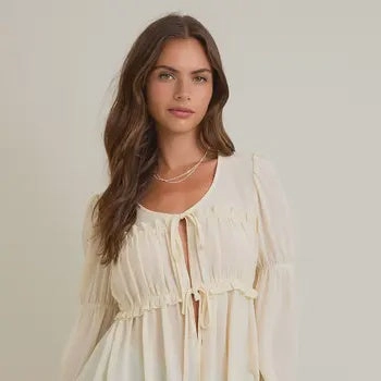 Ava Tie Front Blouse DoubleLayered Neckline FlexibleCuffs