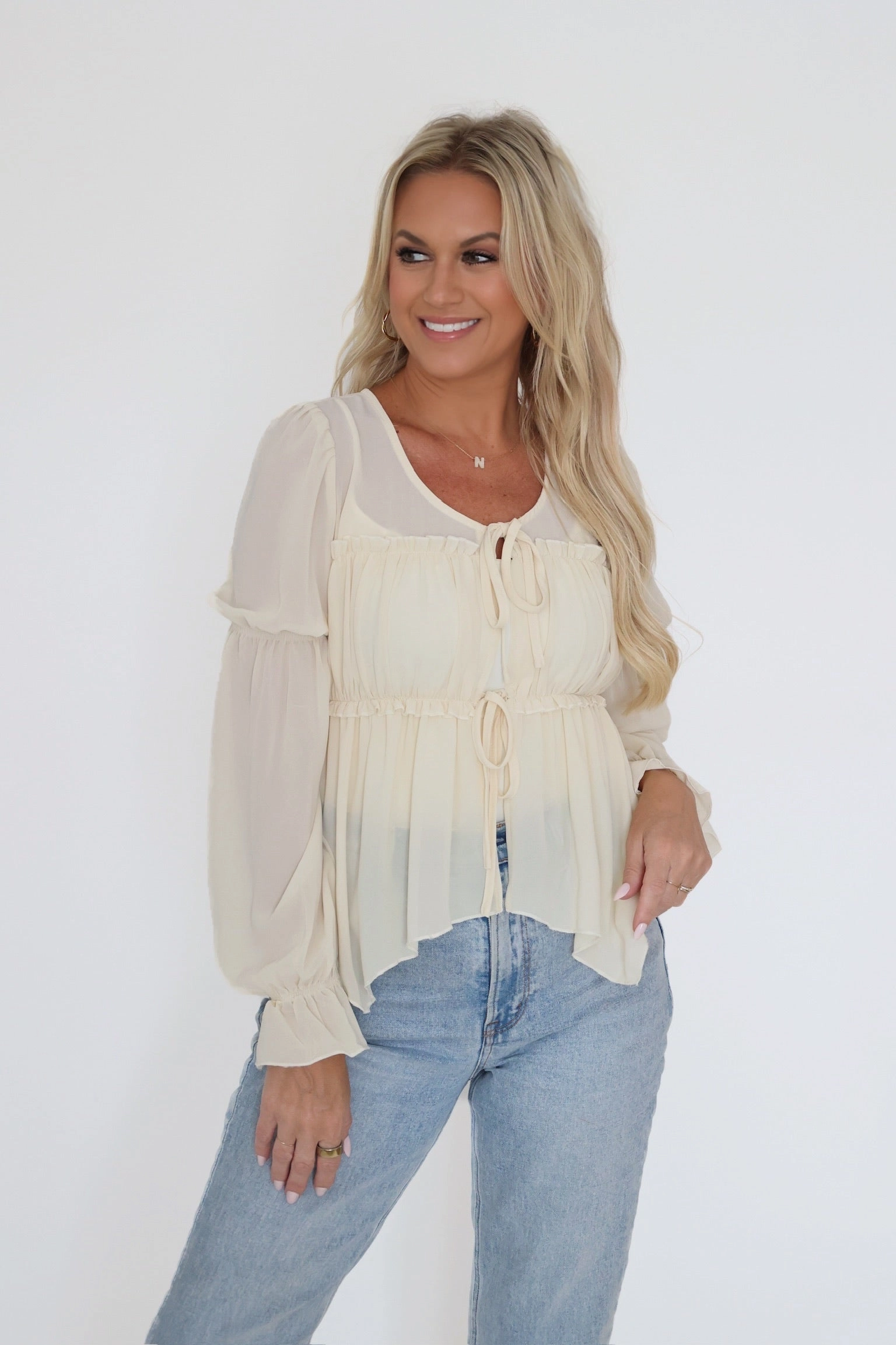 Durable Interlock Stitch Comfortable Layer Ava Tie Front Blouse