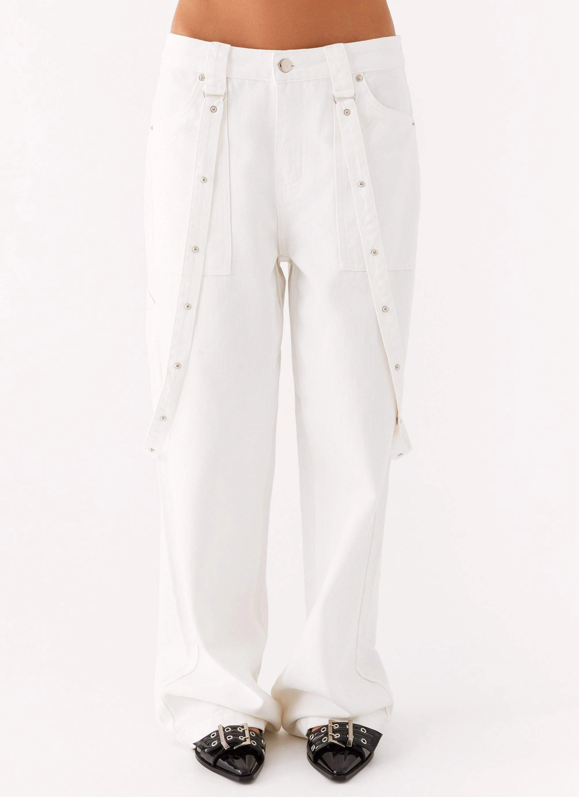 Avril Cargo Denim Pants - White Clean Cut Flexible Layer Fit