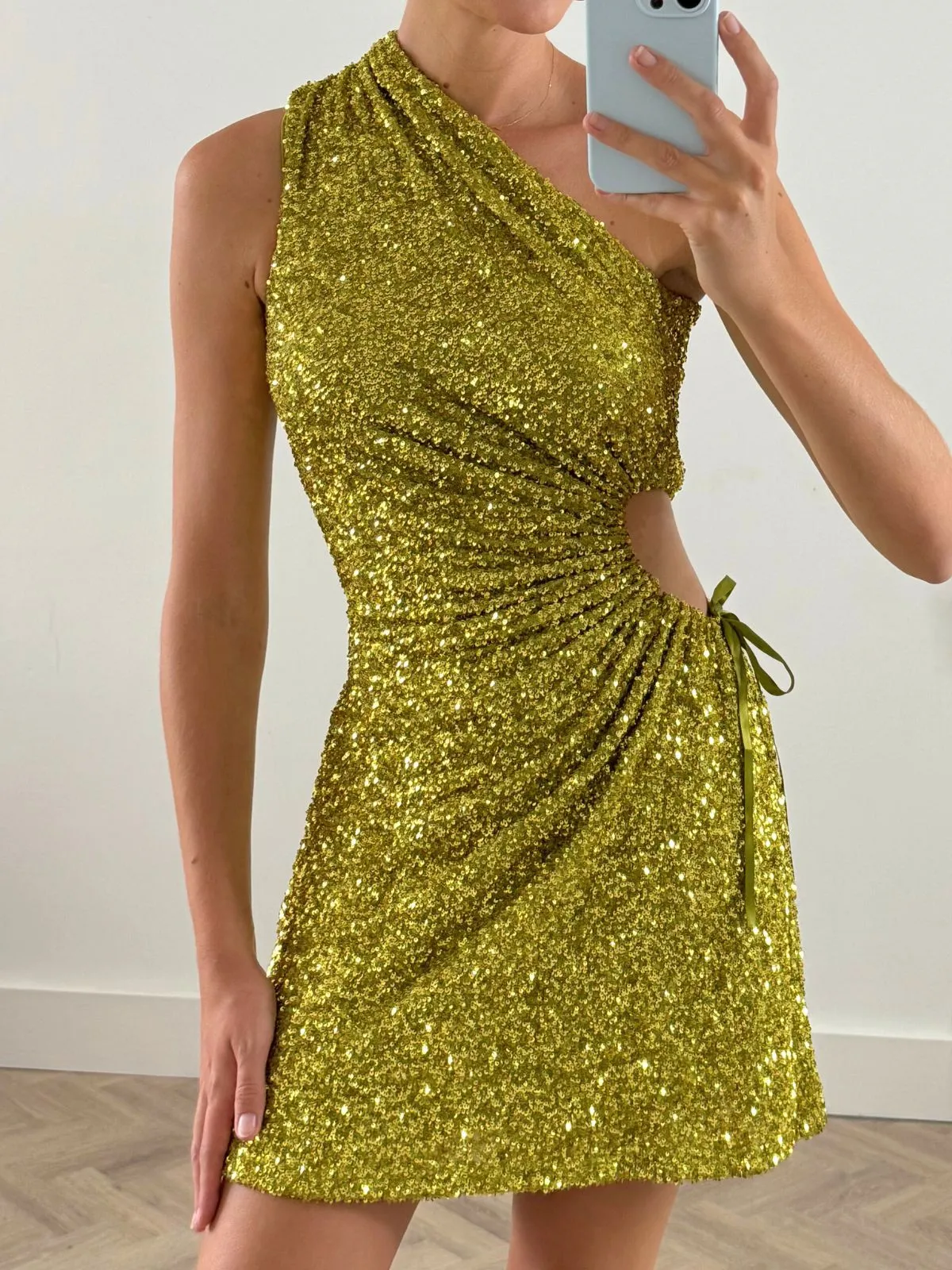 Ayla One Shoulder Mini Dress / Lime Sequin Playful touch Street Ready