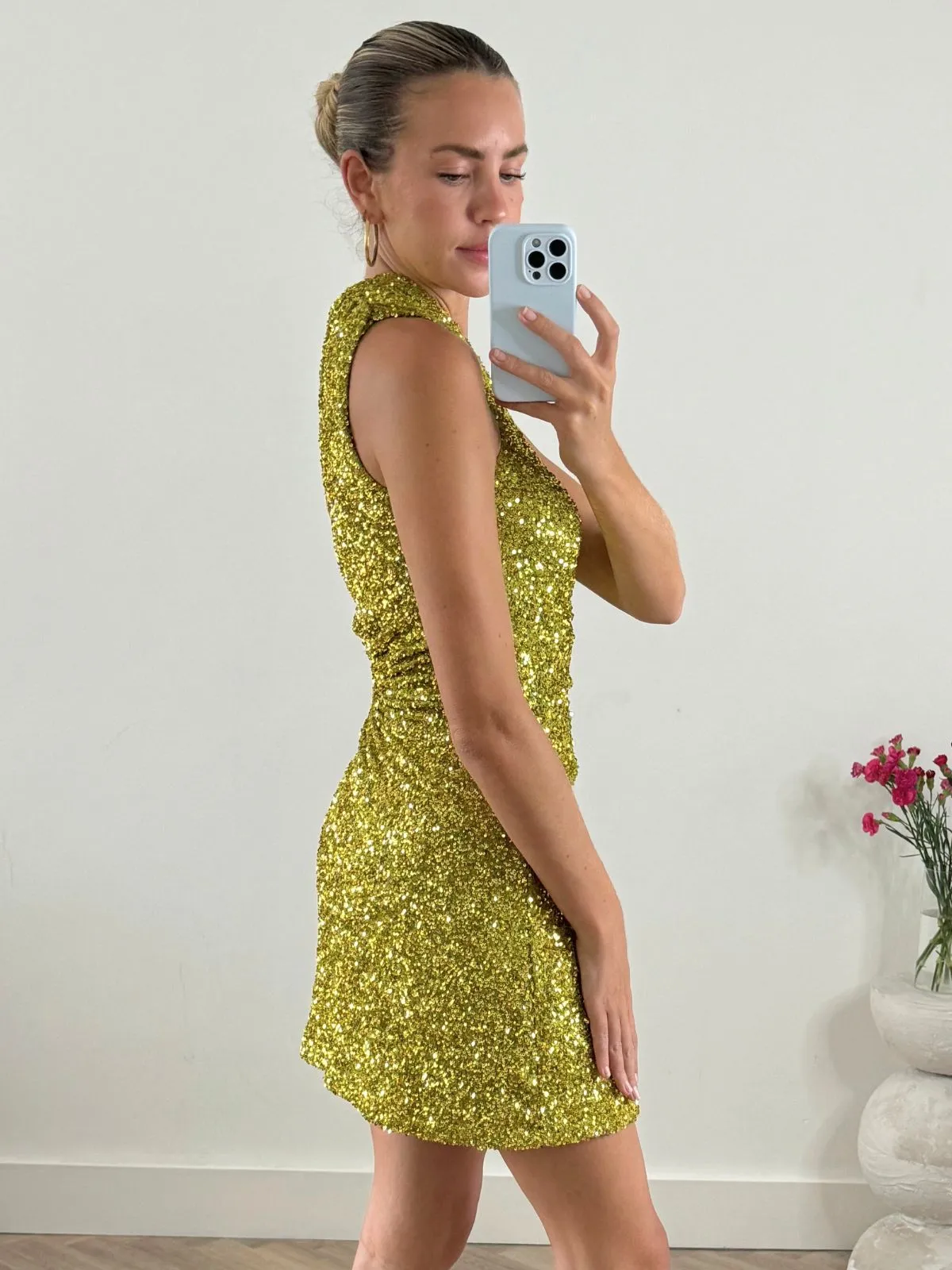 Soft Shape Ayla One Shoulder Mini Dress / Lime Sequin