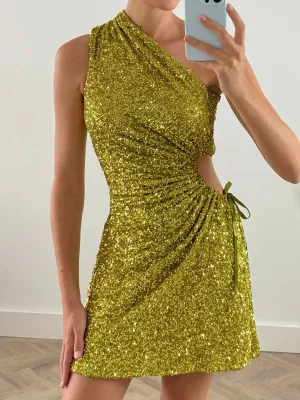 Ayla One Shoulder Mini Dress / Lime Sequin Playful touch Street Ready